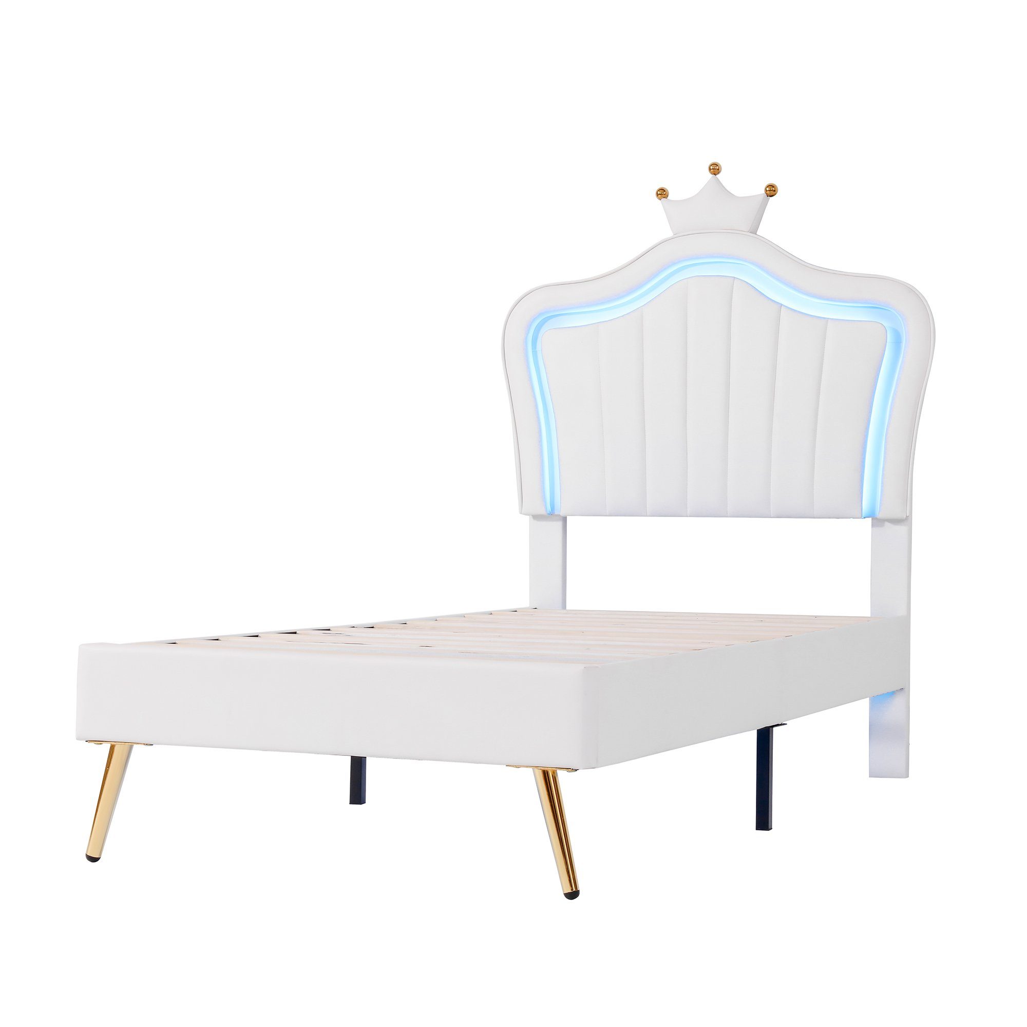 HAUSS SPLOE Polsterbett Polsterbett Funktionsbett Bettrahmen KInderbett (Bettgestell für Mädchen, weißes Kronen-Doppelbettgestell aus Leder, mit LED-Leuchten, Lattenrost und Rückenlehne 90 x 200 cm)