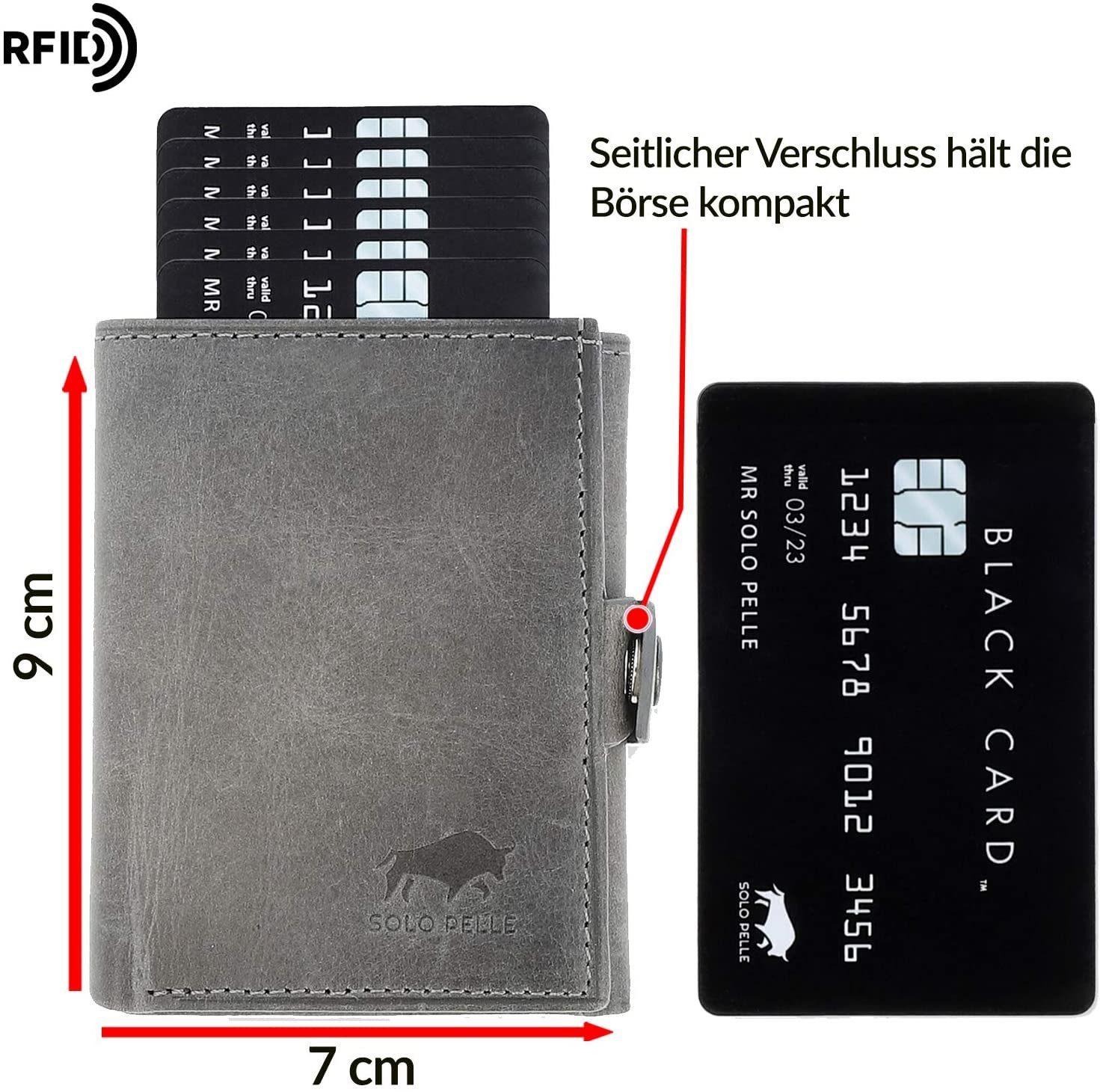 Solo Pelle Mini Geldbörse Slim Wallet mit Münzfach [12 Karten] Slimwallet Riva [RFID-Schutz], echt Leder, Made in Europe in elegantem Design mit RFID Schutz