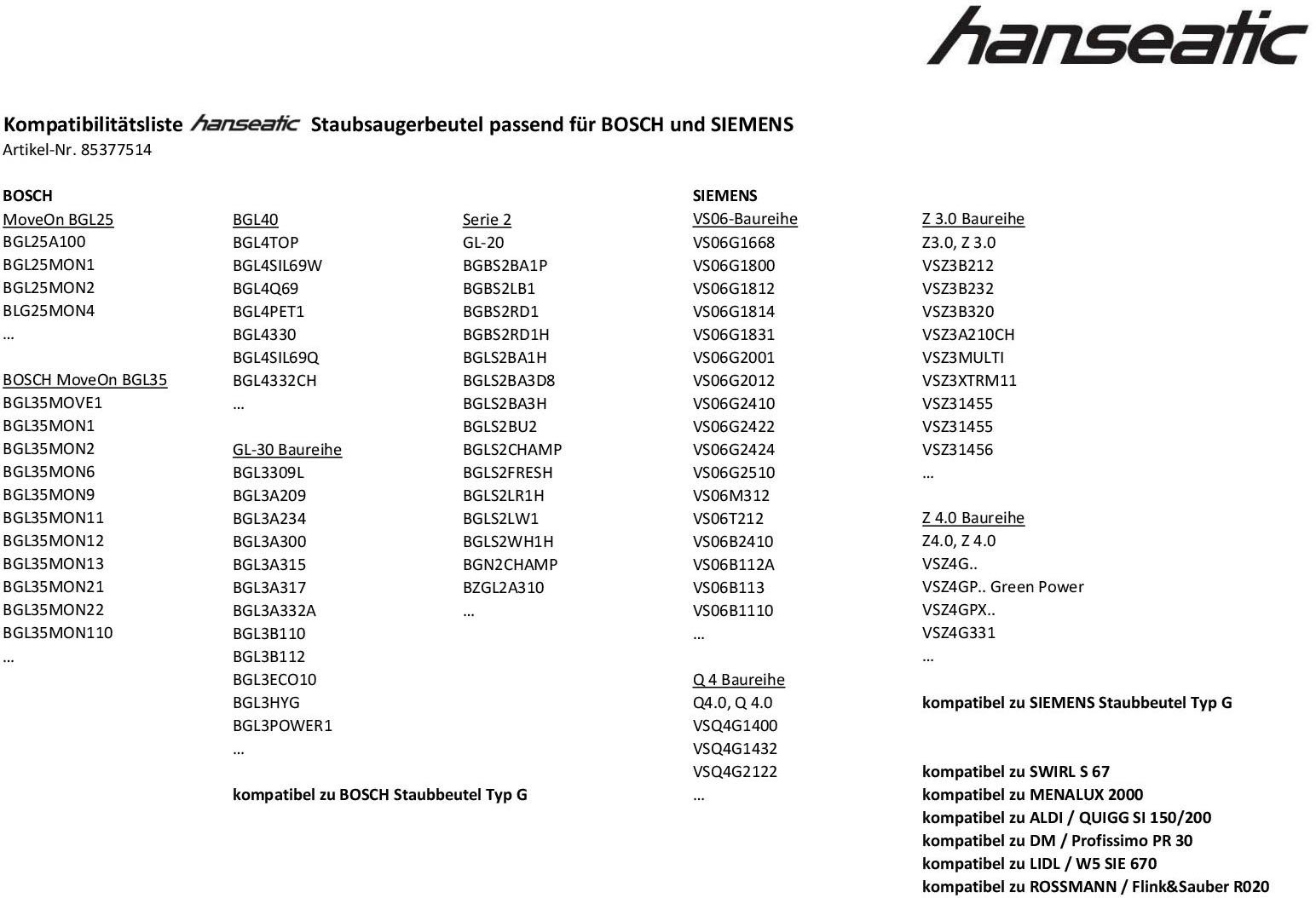 Hanseatic Staubsaugerbeutel, passend für HANSEATIC Staubsaugerbeutel, 10er-Pack, passend für BOSCH Serie 2 BGL2xxx / BGL25xxx / Serie 3 BGL30xxx / BGL35xxx / MoveOn und SIEMENS VS06Axxx / VS06Bxxx / Z3.0 VSZ3xxx / Z4.0 VSZ4xxx, 10er- Pack