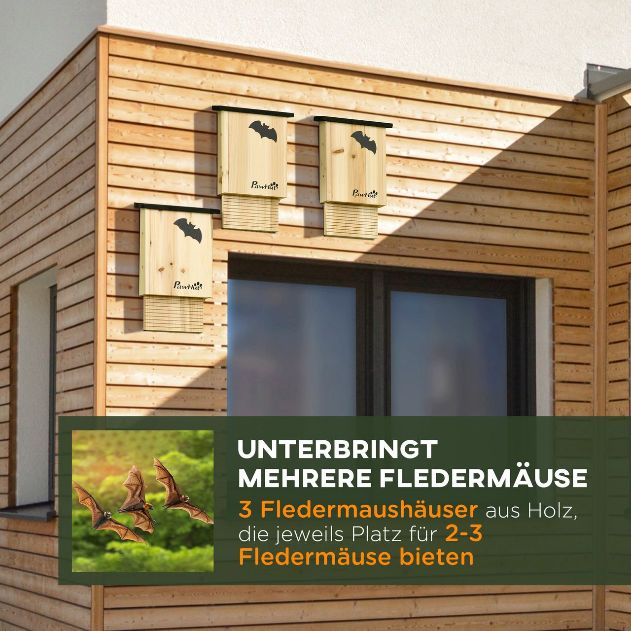 PawHut Fledermauskasten 3er-Set, Fledermaushaus Nistkasten für Fledermäuse, Holz
