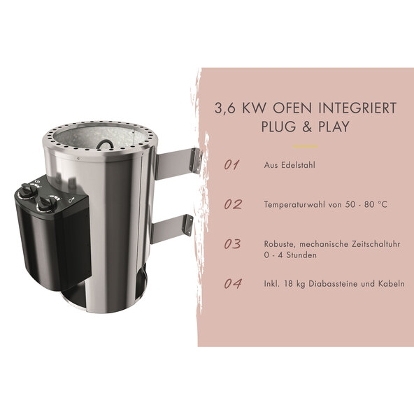 Sauna Ida 3 mit Ofen, 3,6 kW, naturbelassen