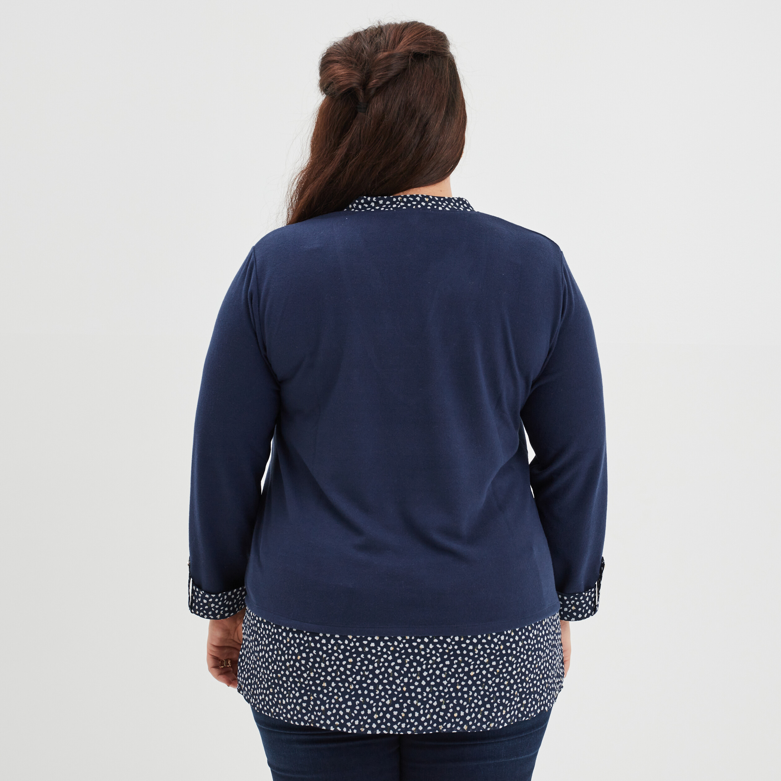 Pull col bijou effet 2-en-1 manches 3 4 bleu marine femme grande taille | La Halle