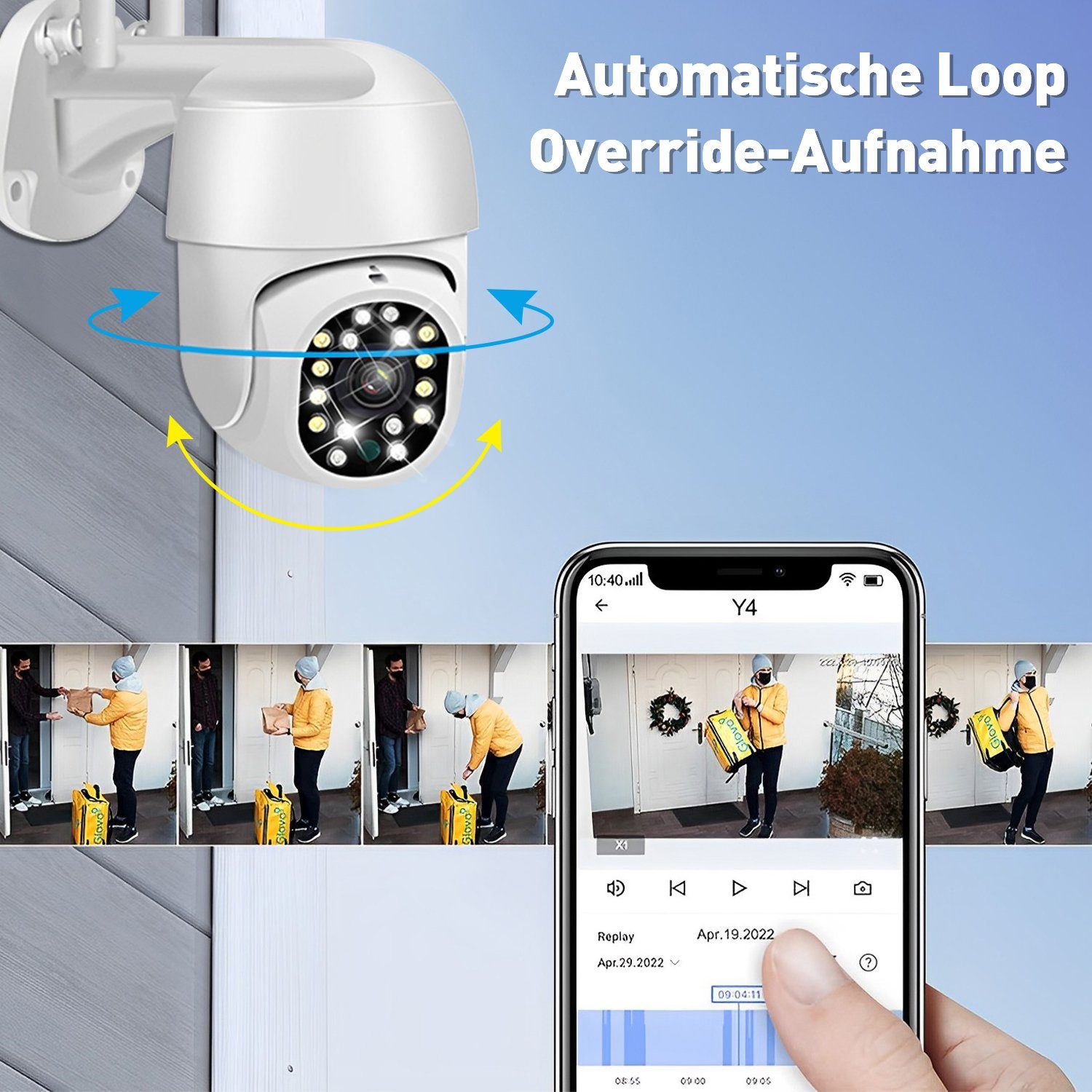 Kpaloft 5G-Dualband-WLAN Überwachungskamera (für Innen/Außen, FHD 1080P Kamera, 320°/90° verstellbar, Nachtsicht, Bewegungserkennung, APP, Zwei-Wege-Audio, Ton- und Lichtwarnung, für Wohnzimmer/Hof/Lager/Bauernhof/Garten)