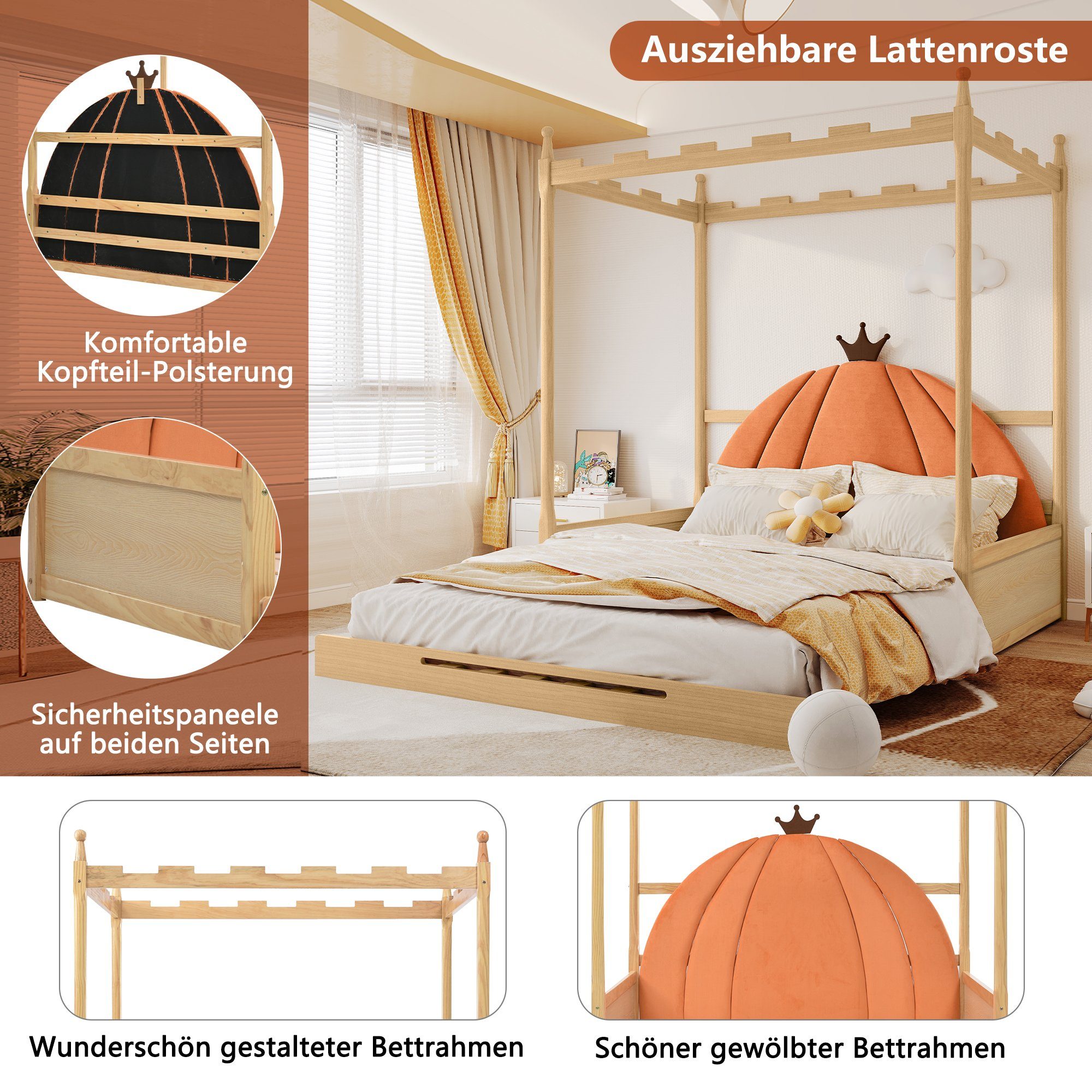 Gotagee Himmelbett Erweiterbares Holzbett Kinderbett Doppelbett Kiefernholz 140x100&200cm, Samtkissen in Kürbisform