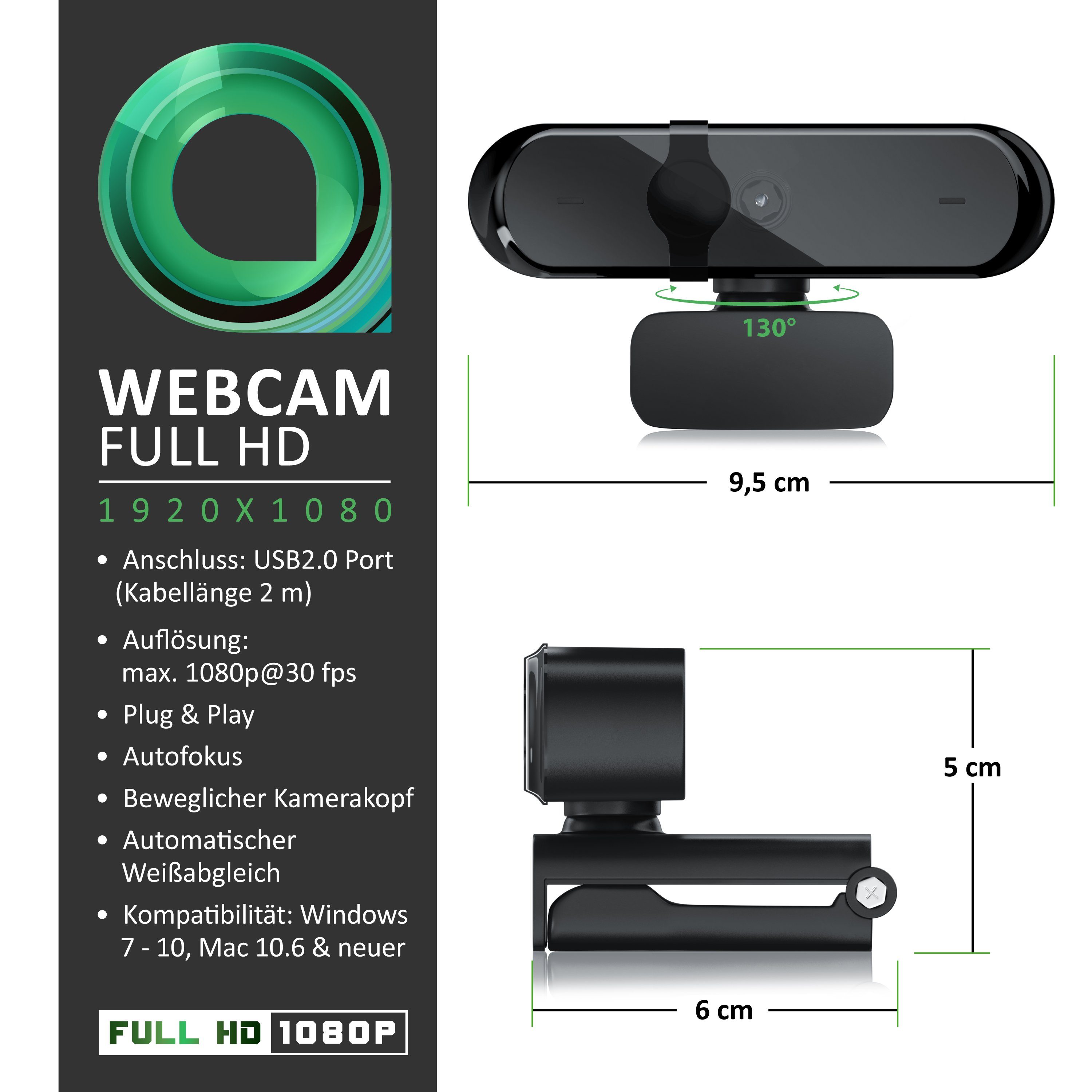Aplic Full HD-Webcam (FHD; 1080p; 1920 x 1080, Mikrofon, Abdeckung, Sichtschutz, Autofokus. Low Light, für PC & MAC)