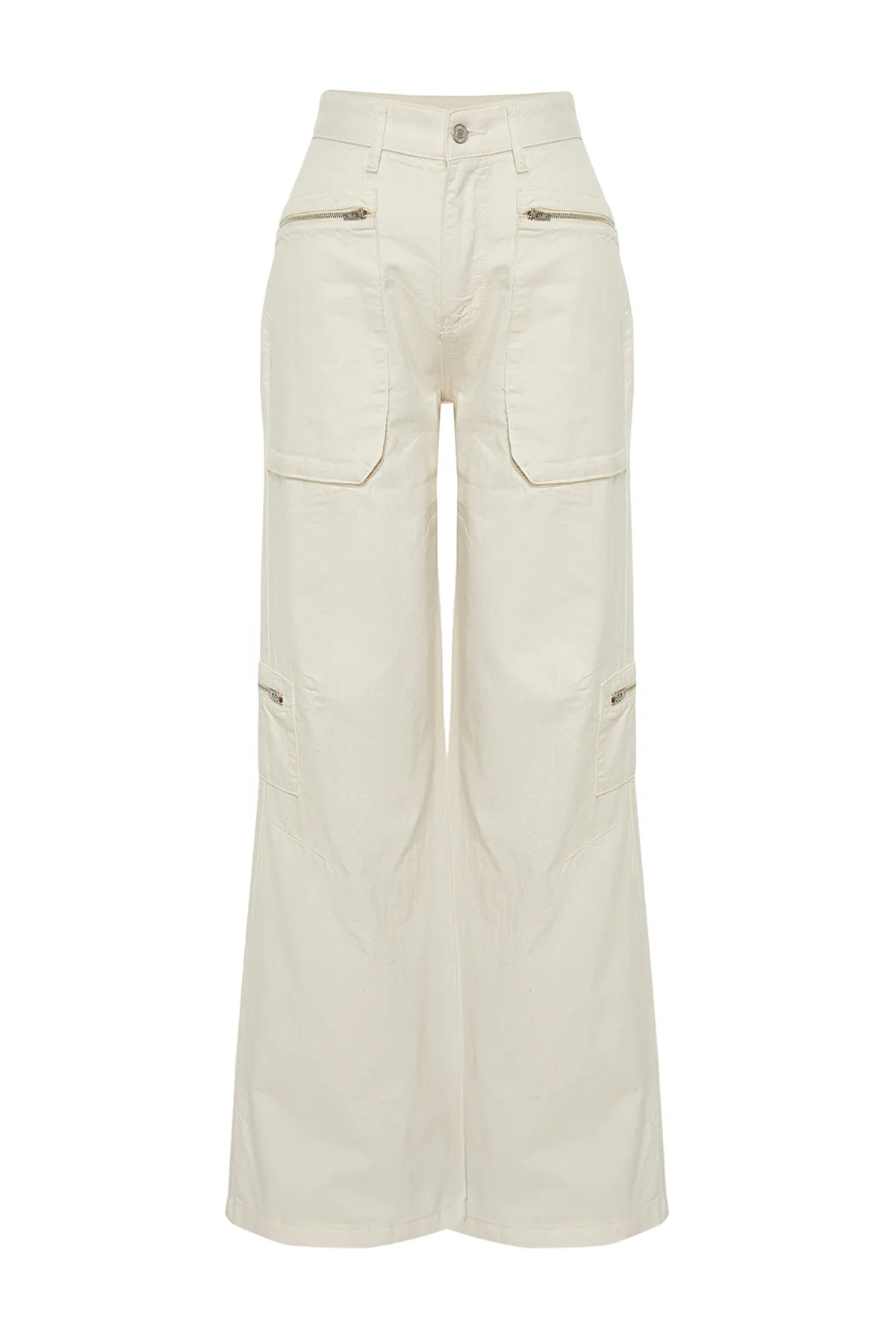 Trendyol Collection  Ecrufarbene Jeans mit hoher Taille und weitem Bein und Cargo-Taschen TWOSS24JE00223