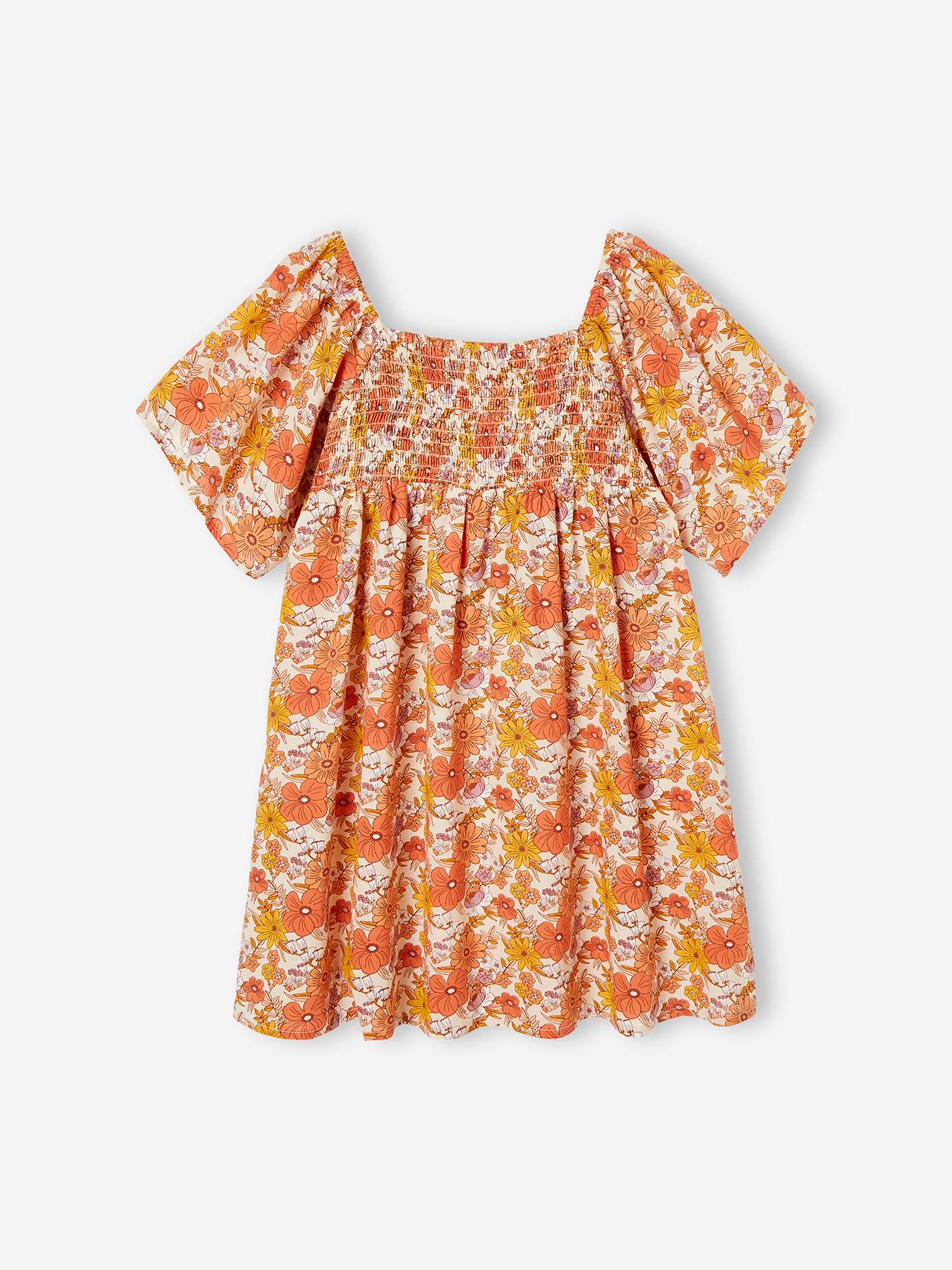 Robe à smocks imprimée fleurs fille rose nude