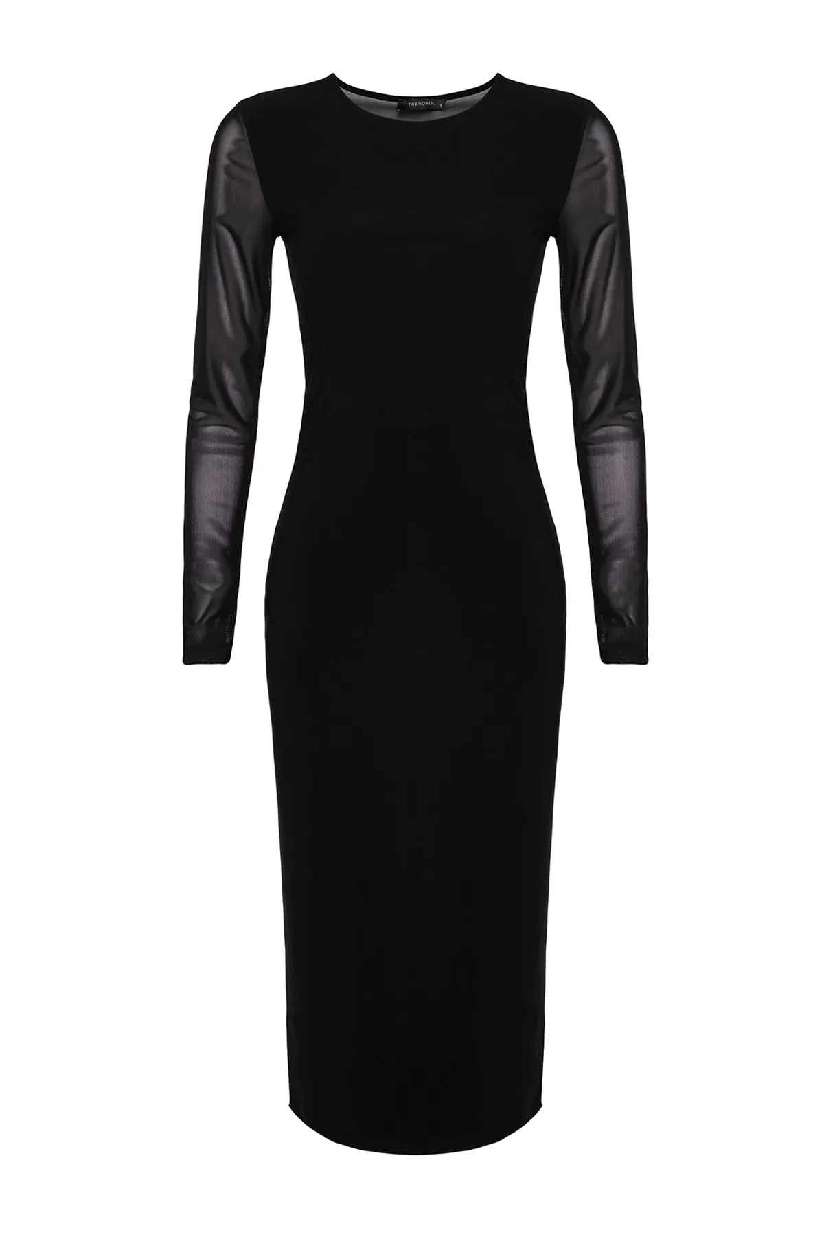 Trendyol Collection  Schwarzes, eng anliegendes, flexibles Strickkleid aus Tüll an Rücken und Ärmeln TWOAW24EL00140