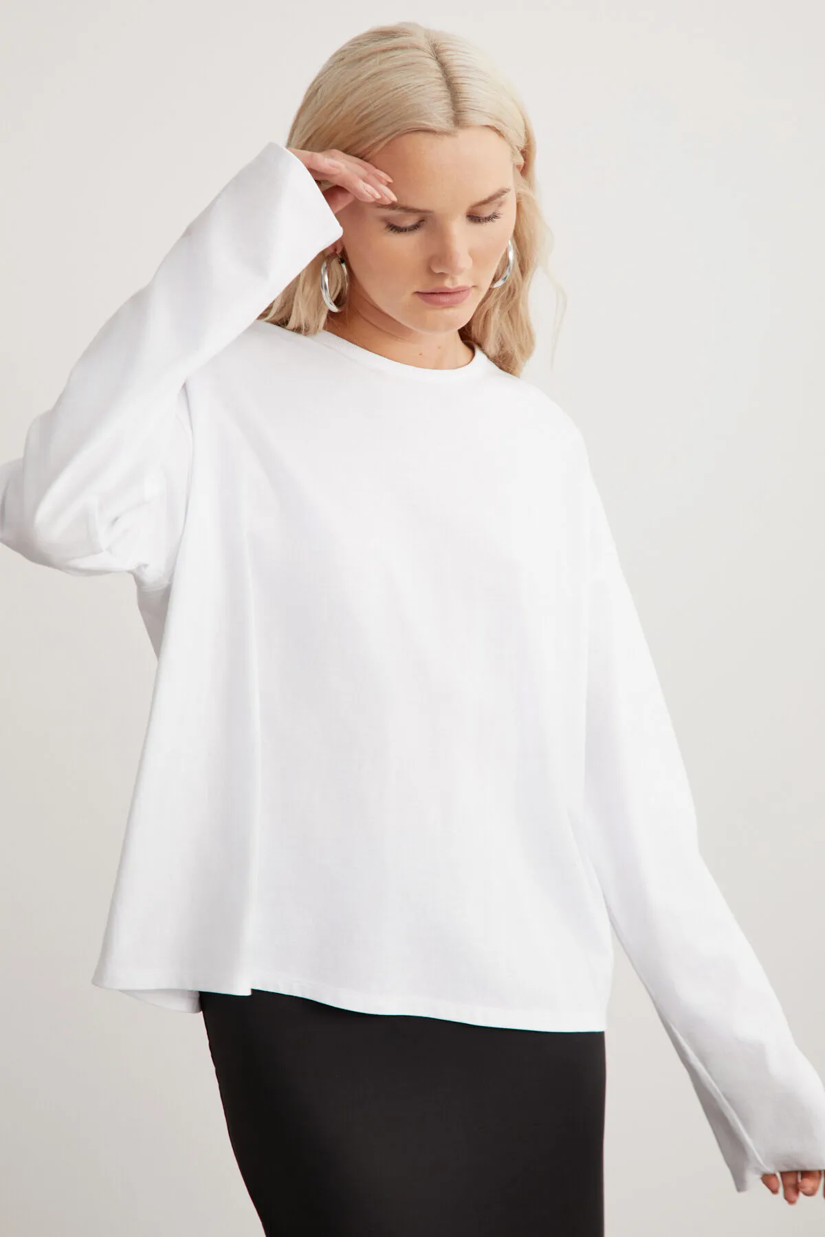 GRIMELANGE  Basıl Damen-T-Shirt aus 100 % Baumwolle, Rundhalsausschnitt, Oversize-Passform, langärmlig, weiß
