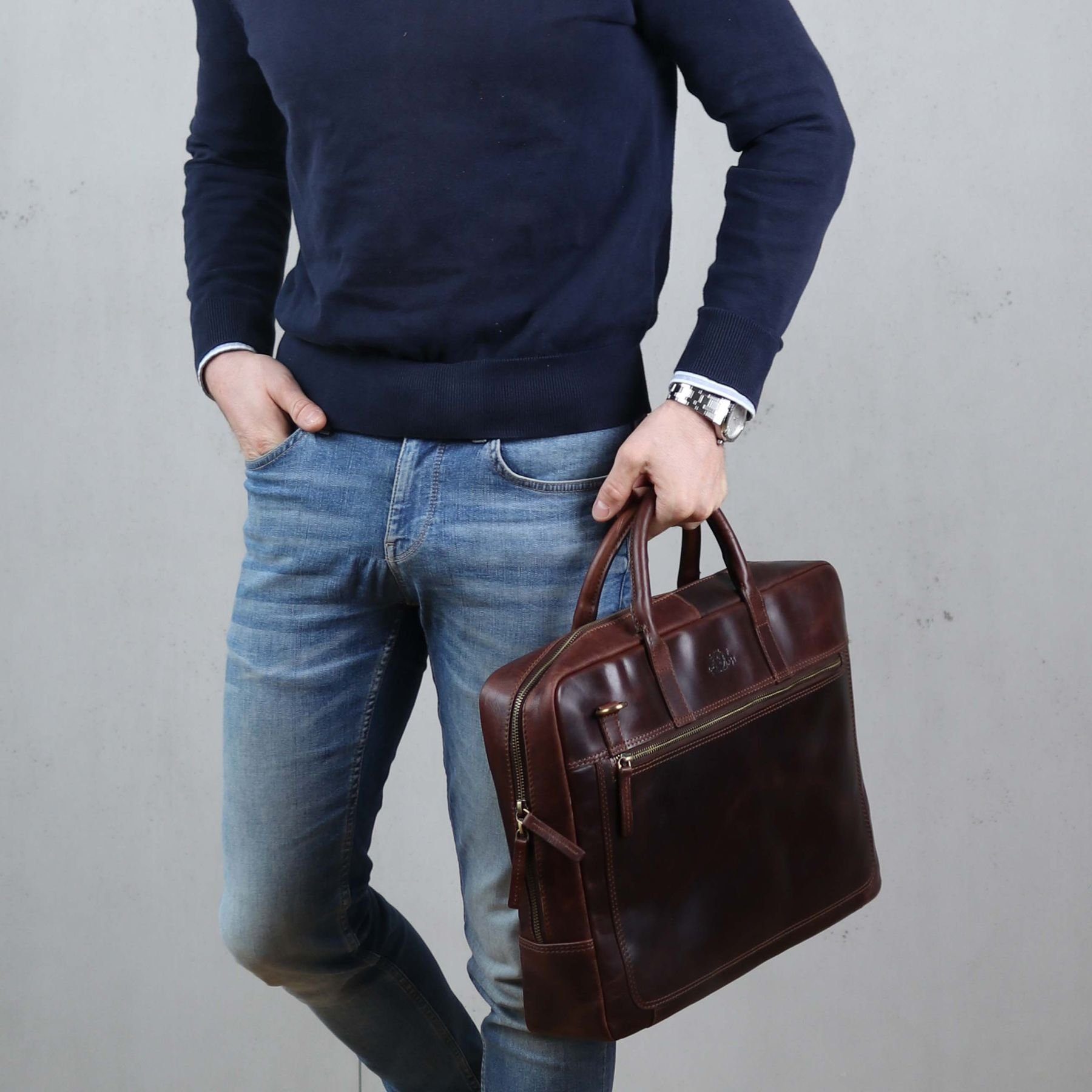 SID & VAIN Laptoptasche Leder Businesstasche Unisex DIXON, Laptoptasche 15,4 Zoll, Aktentasche Echtleder Damen Herren braun