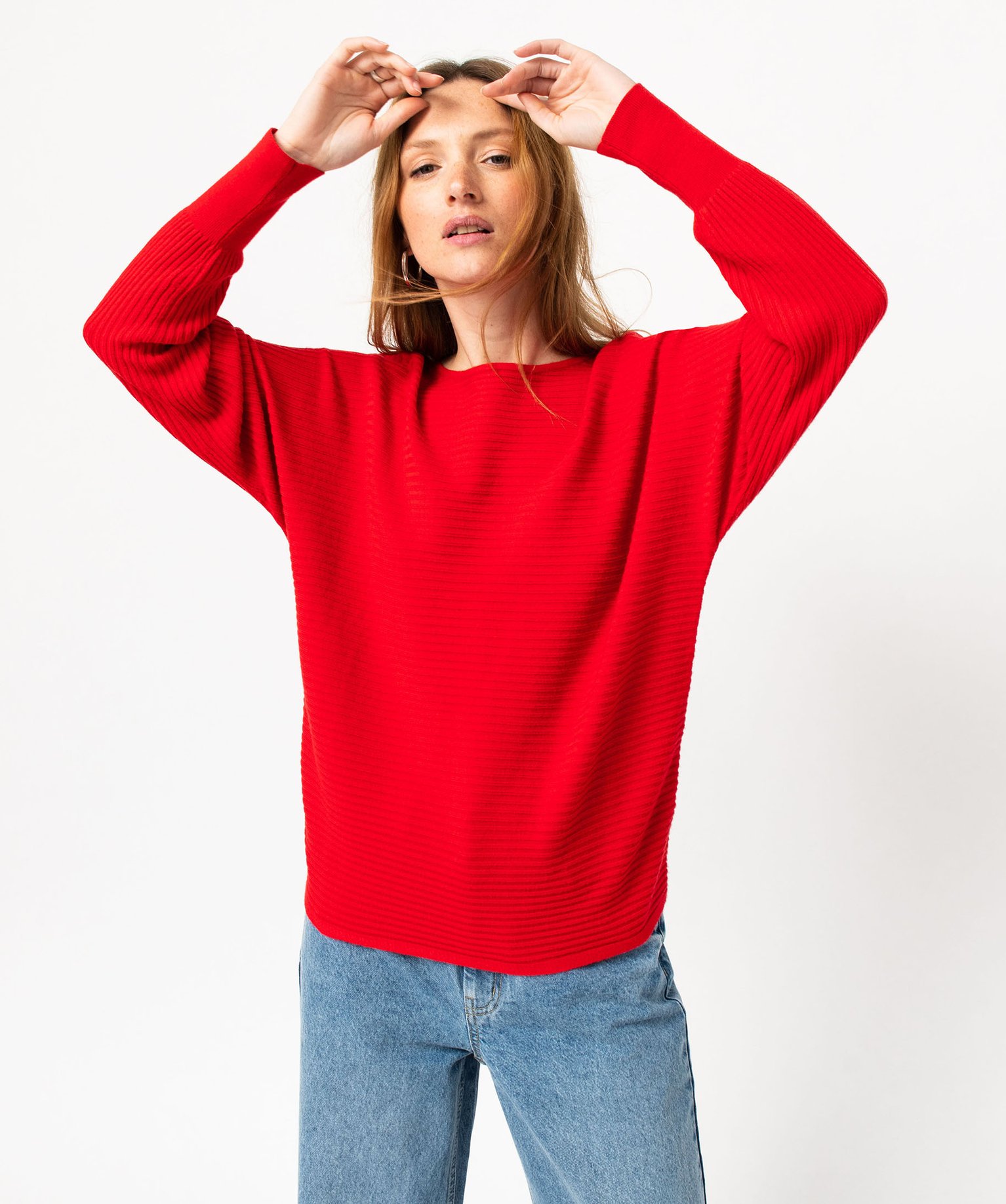 Pull en maille ctelée avec manches chauve-souris femme rouge | GEMO