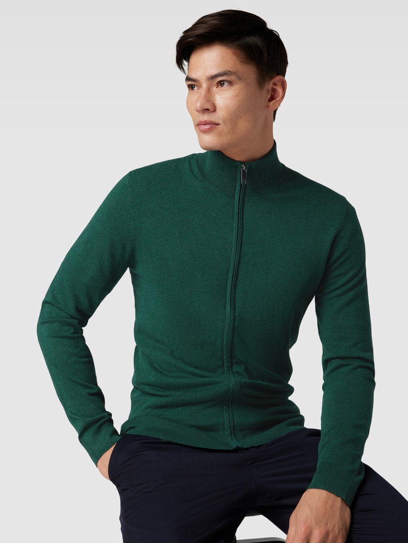 Strickjacke aus Viskose-Mix mit Stehkragen in dunkelgrün meliert