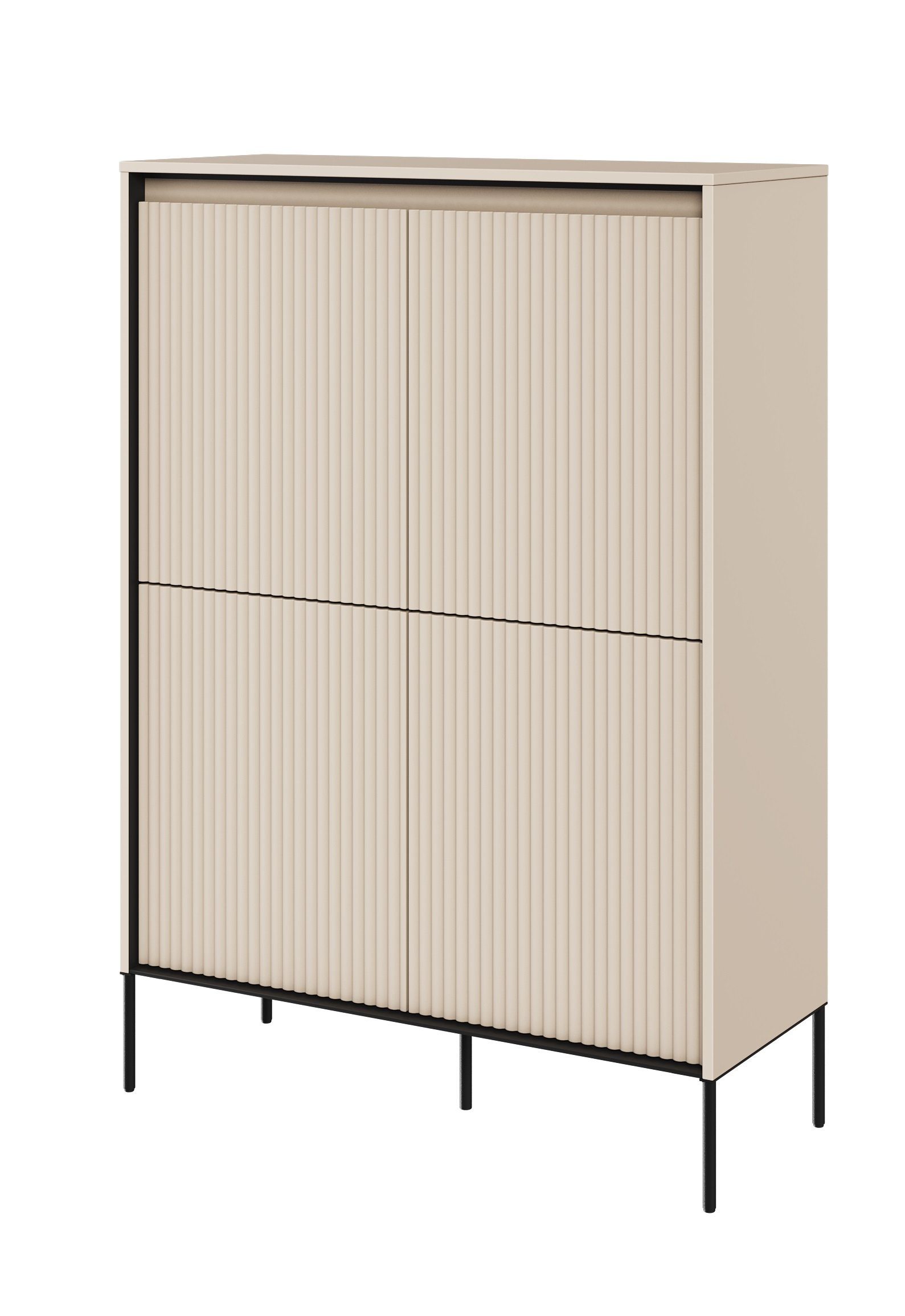 Compleo Kommode auf hohen Beinen FLORE, 4-türig, (acht Regale), gerifflete Front