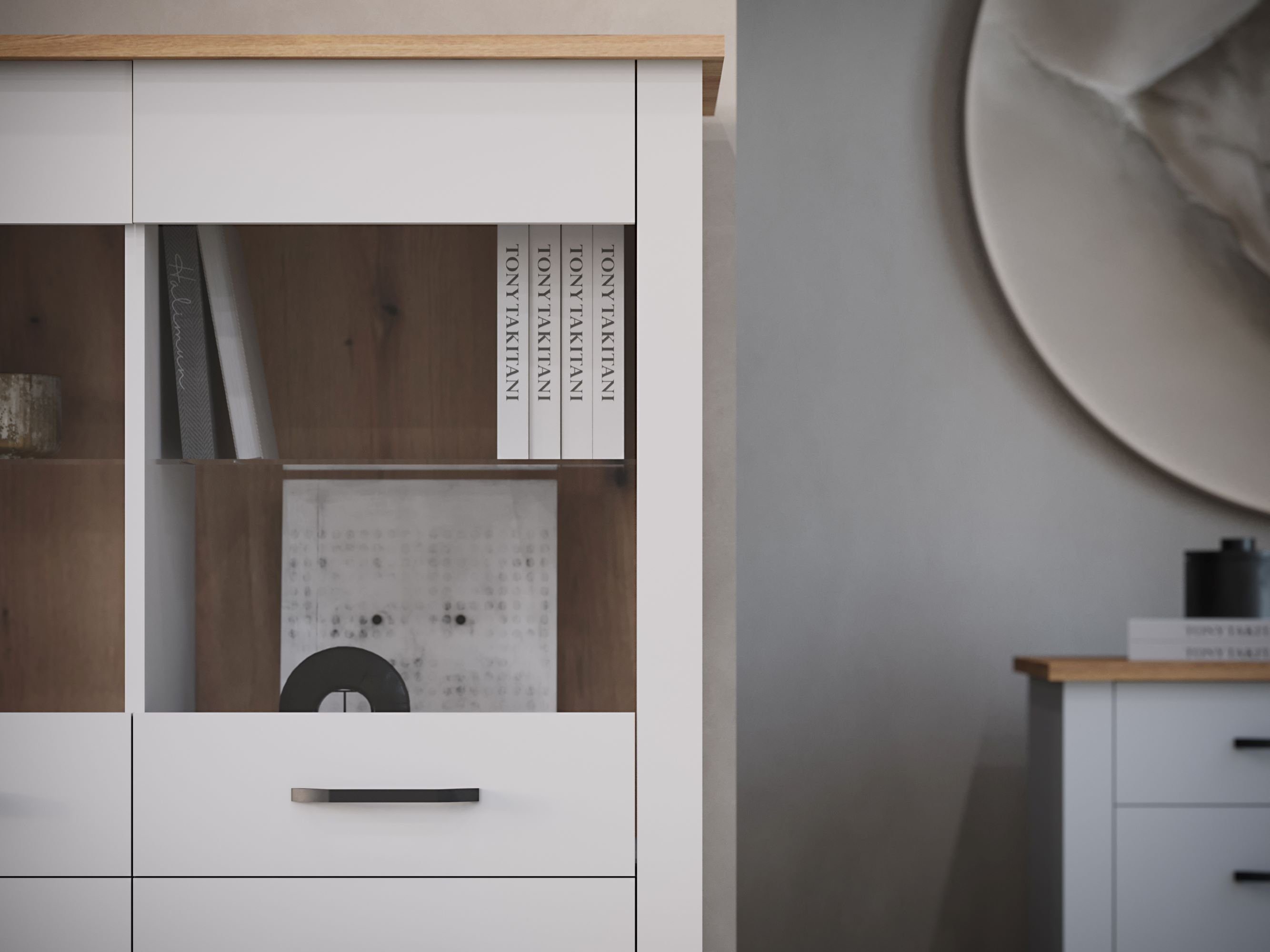 HYPE Rooms Wohnwand Wohnwand Wohnzimmer Sienna 5-teilig, TV-Bank, Vitrinenschrank, Vitrinenschrank schmal, Kommode, Couchtisch