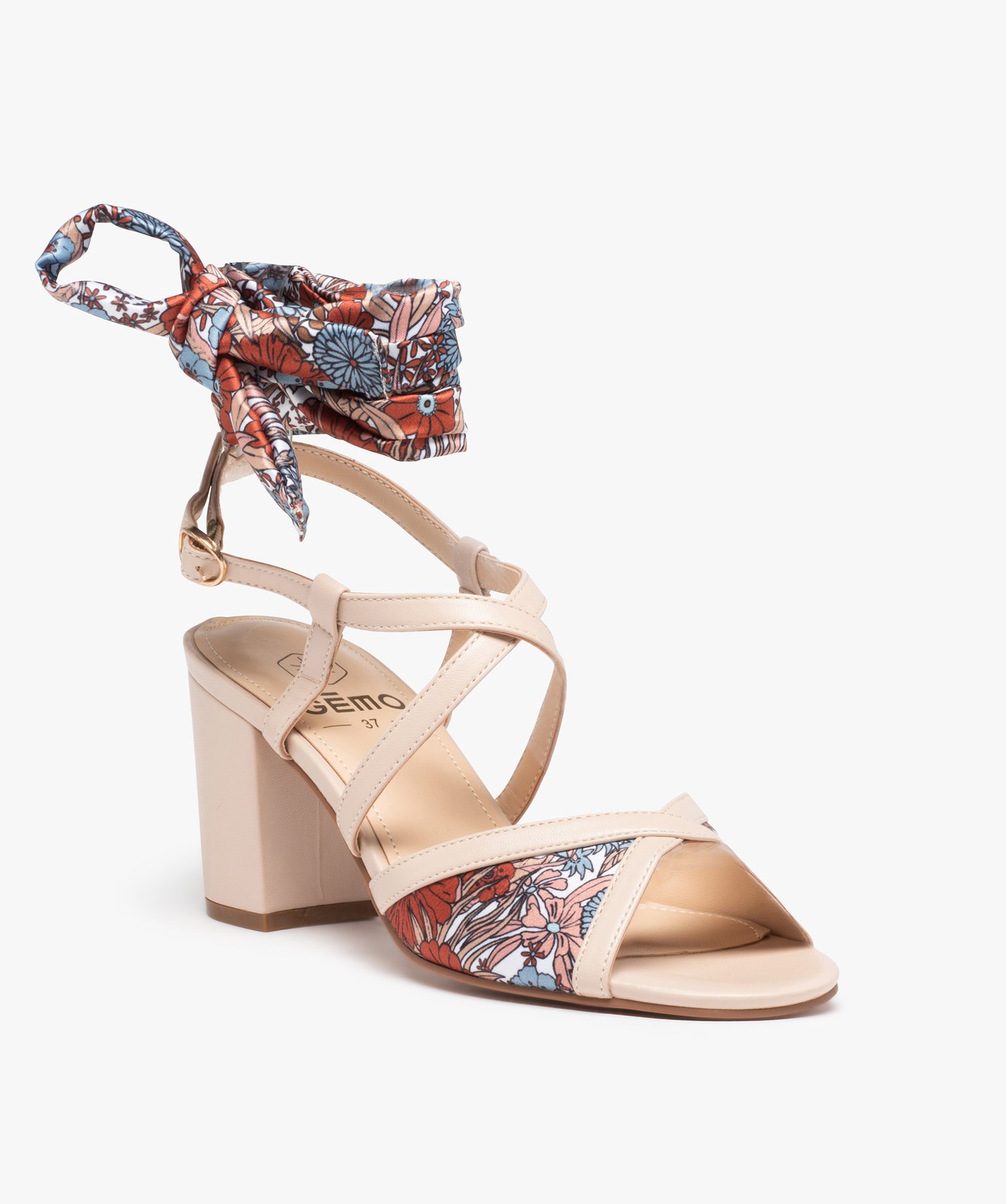 Sandales femme à talon carré et bride foulard beige | GEMO