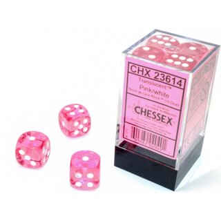 Translucent 16mm d6 with pips Dice Blocks™ (12 Dice) Pink w/white