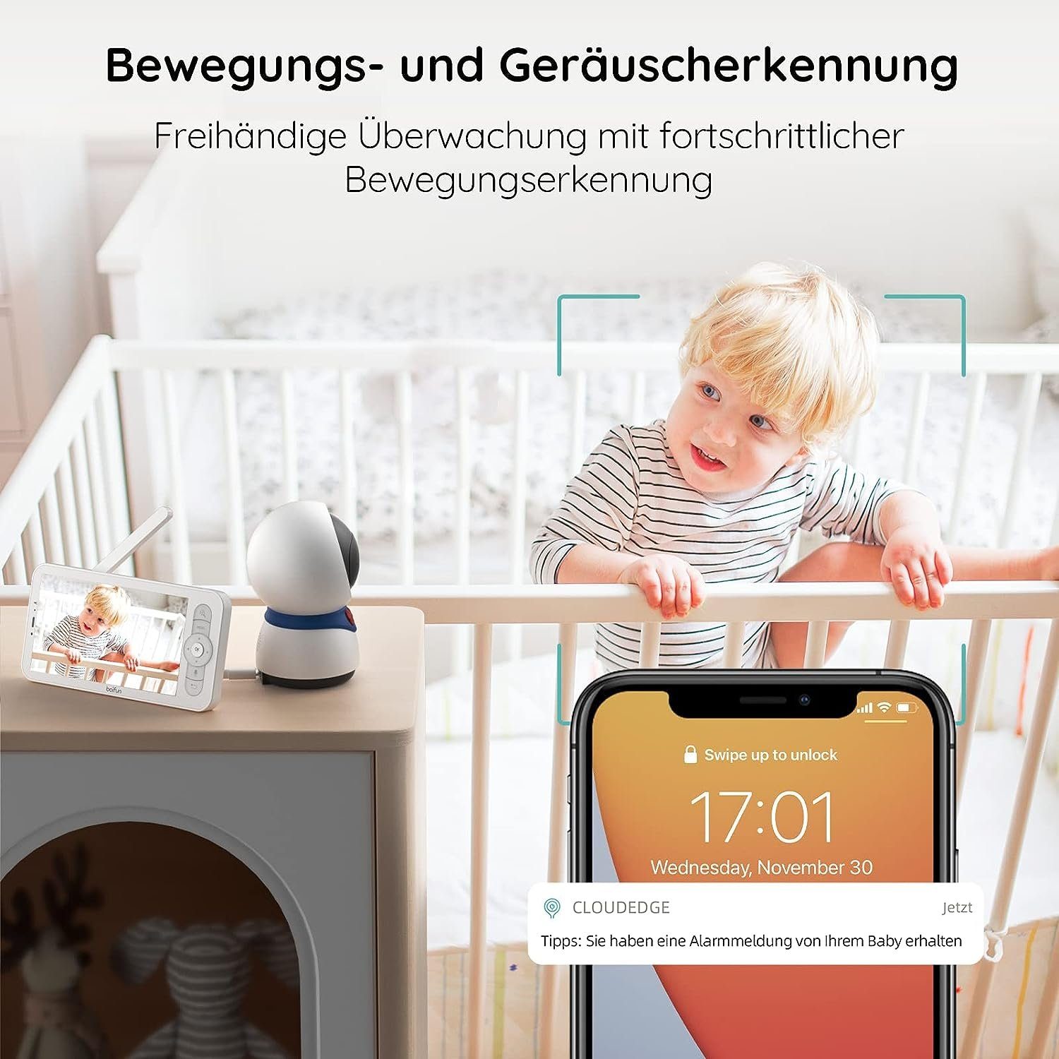 Boifun Babyphone Video-Babyphone Babyphone mit Kamera Mit 64GB SD Karte, 5 Zoll LCD-Display Babyfon,1080P HD, PT 350°/55°, 4×Zoom, mit Kamera App, Automatisches AI-Tracking, Bewegungs/Geräuscherkennung