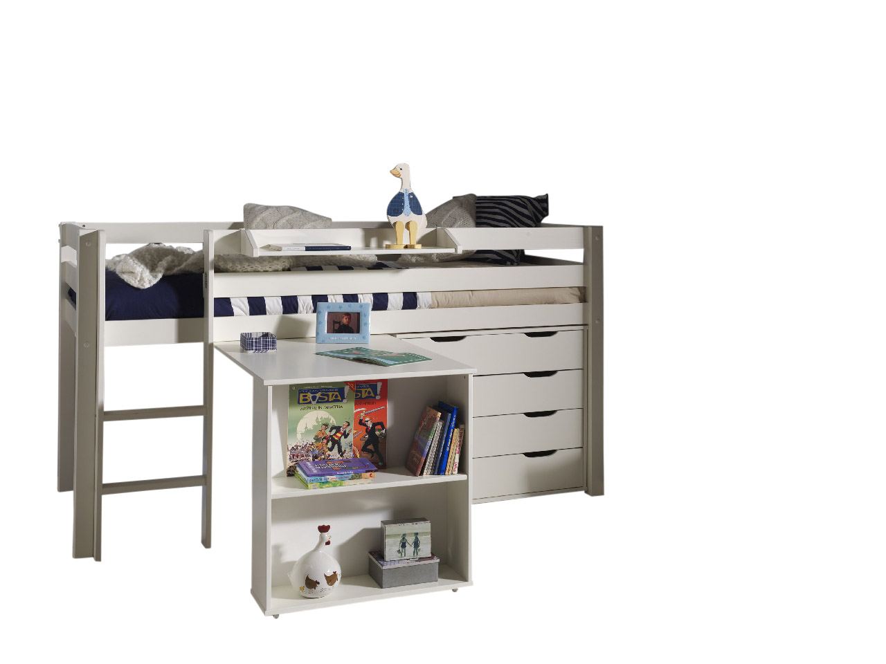 VIPACK Spielbett Pino mit Schreibtisch, Hängeregal und Schubladenkommode