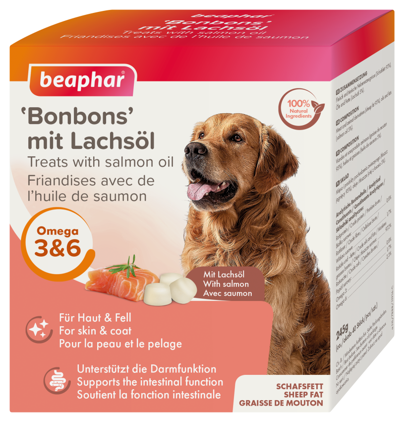 Beaphar Ergänzungsfutter & Aufzucht Beaphar Haut- und Fellkur Bonbons 245g Lachsöl-Bonbons