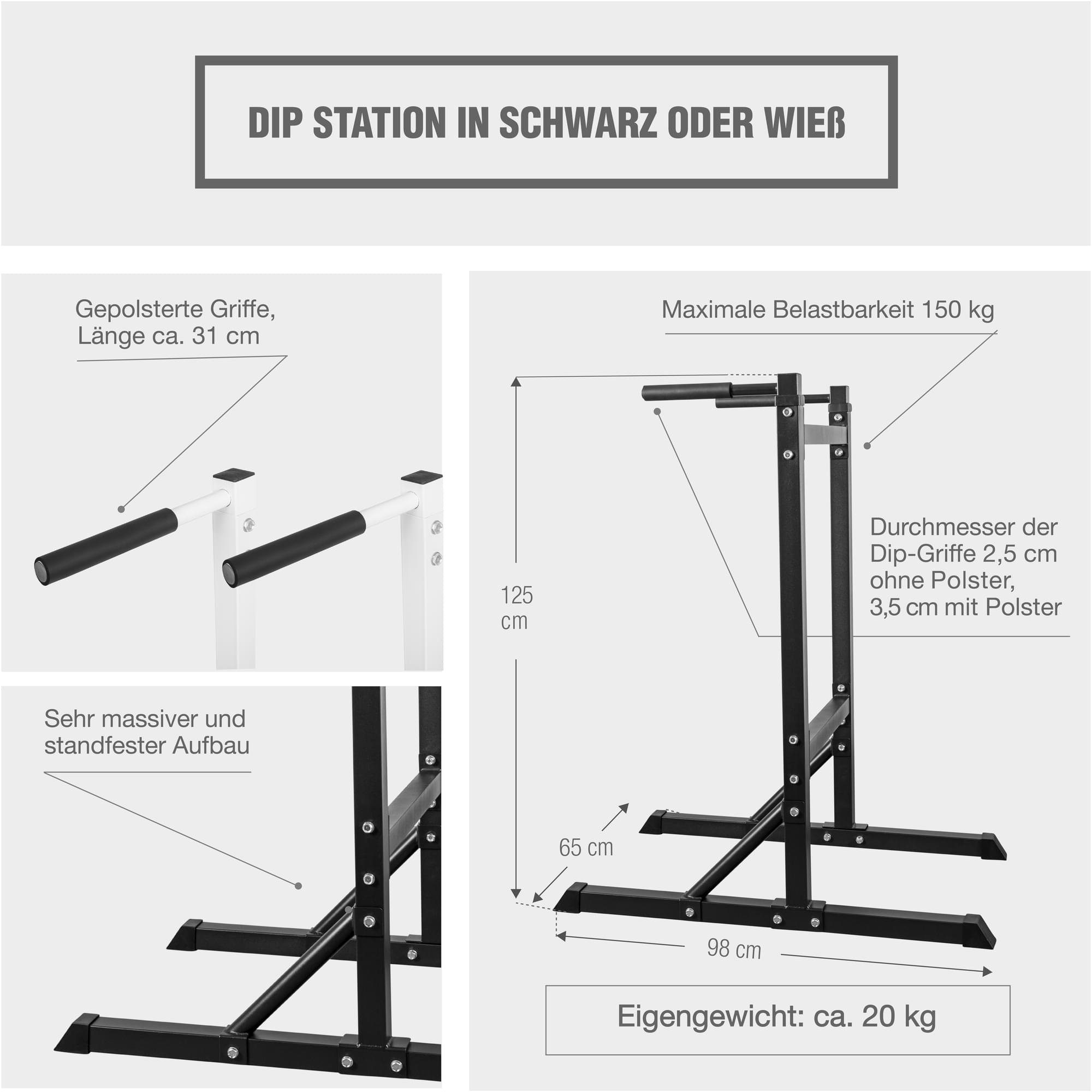 GORILLA SPORTS Kraftstation Dip Station - 98x65x125cm, bis 150kg, Stahl, Schwarz/Weiß - Dip Barren