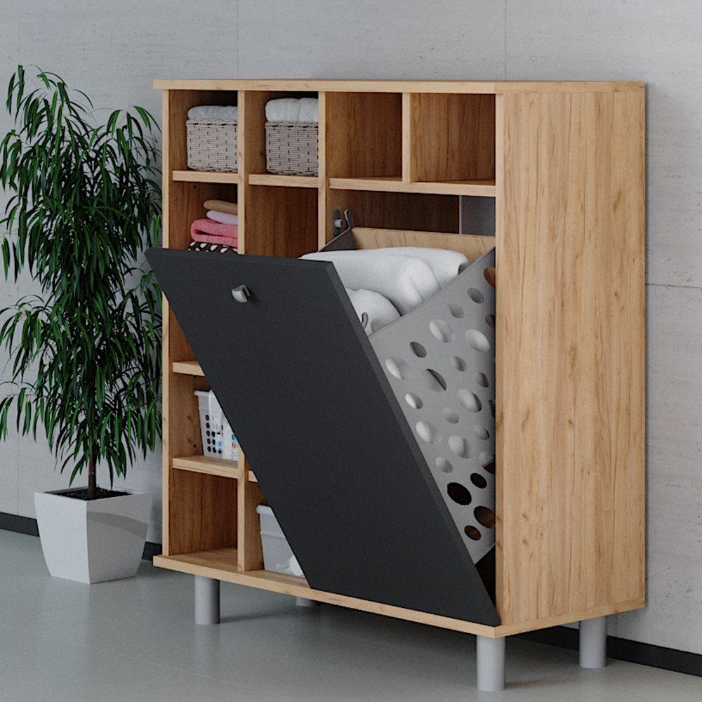 Vicco Wäscheschrank Badschrank mit Wäschekorb FYNN Goldkraft / Anthrazit