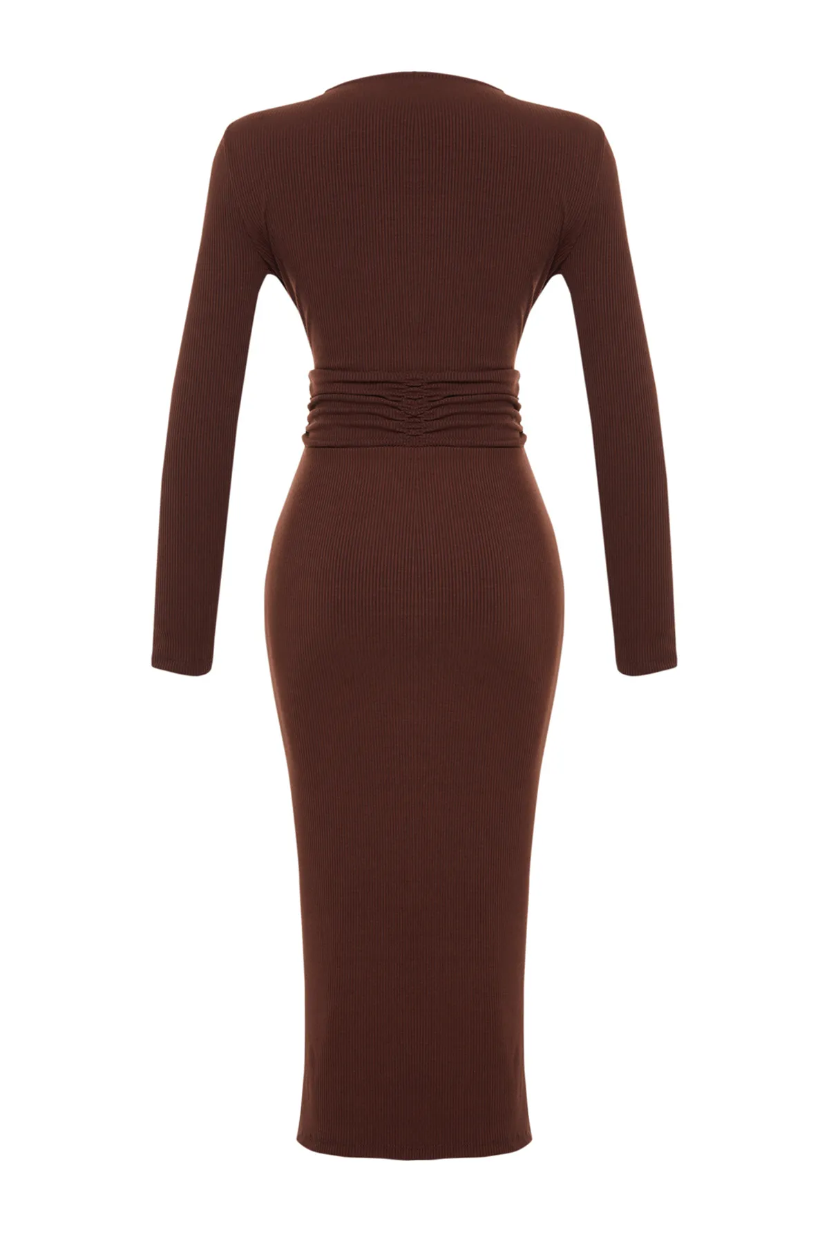 Trendyol Collection  Braunes Maxi-Strickkleid aus strukturiertem Stoff mit V-Ausschnitt und Taillendetail TWOAW24EL00791