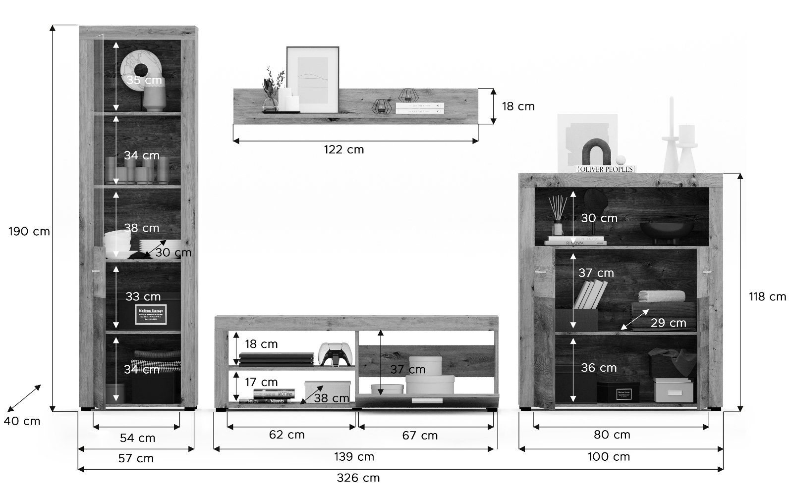 xonox.home Wohnwand Fly, (in Artisan Eiche Dekor mit Eiche dunkel, Set 4-teilig, 326x190 cm), mit viel Stauraum