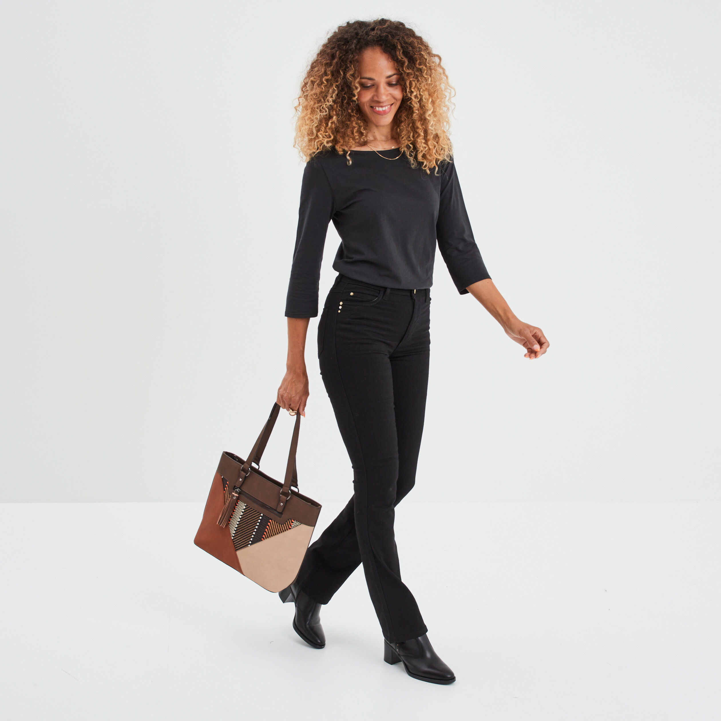T-shirt col bateau manches 3 4 noir femme | La Halle