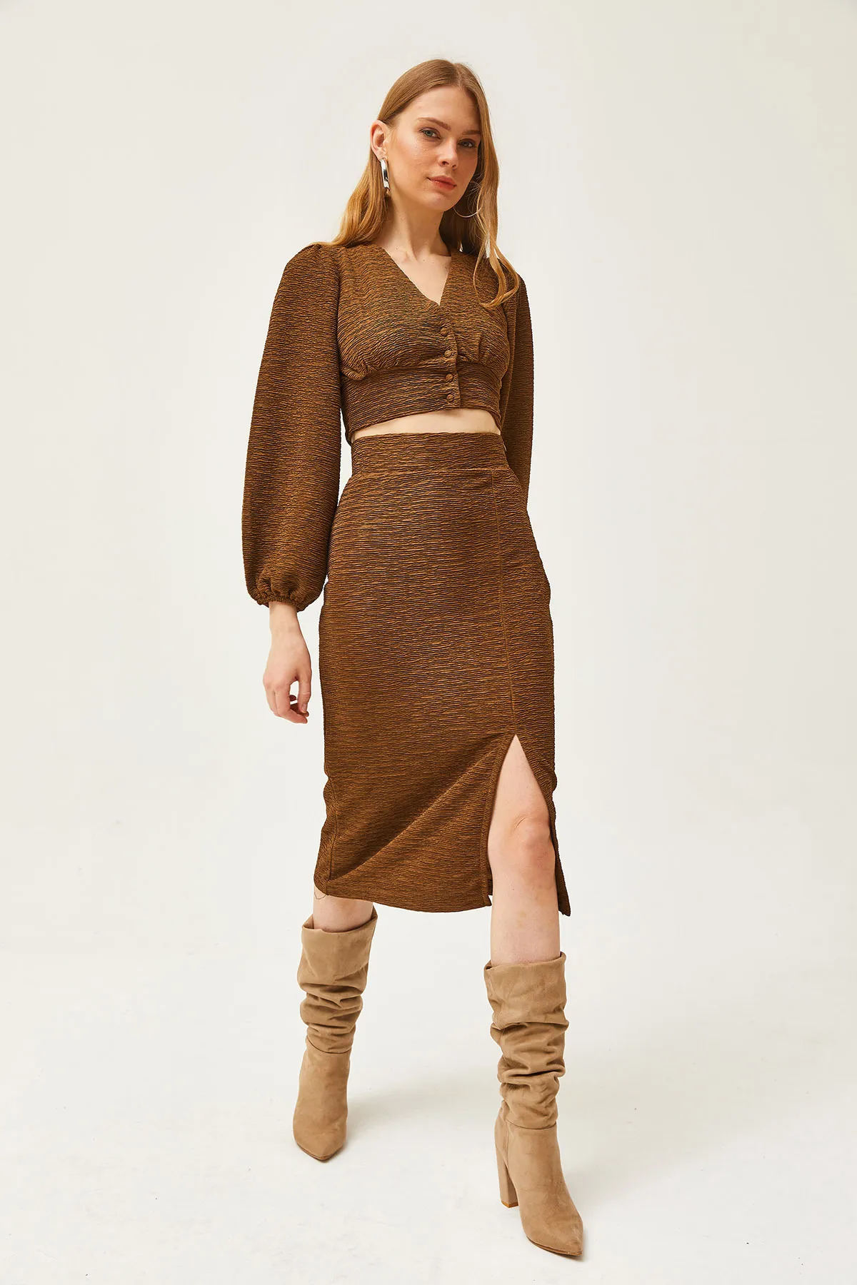 Olalook  Brauner Strickanzug mit Schlitzrock für Damen TKM-19000255
