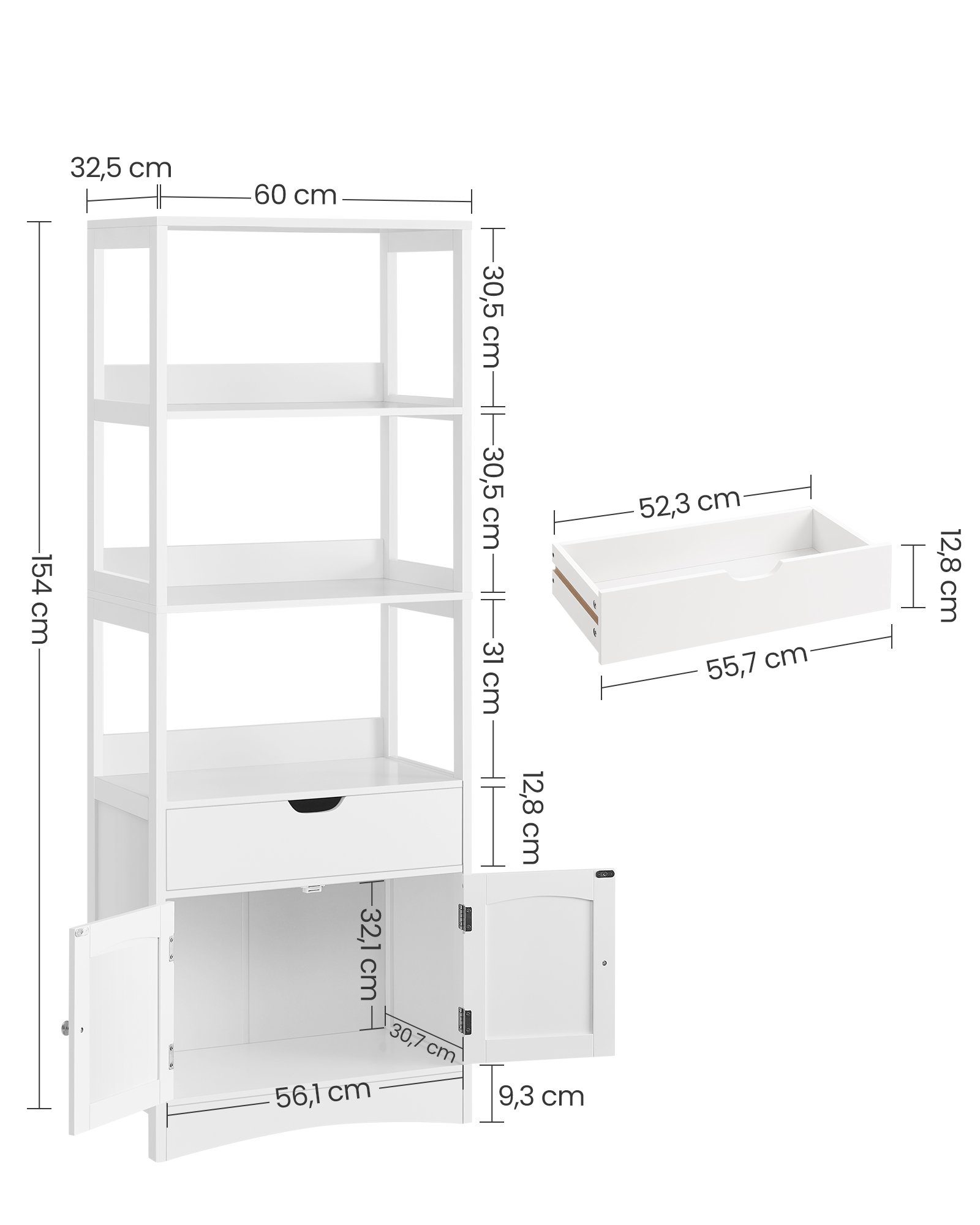 VASAGLE Badkommode, Badezimmerschrank, 60 x 32,5 x 154 cm