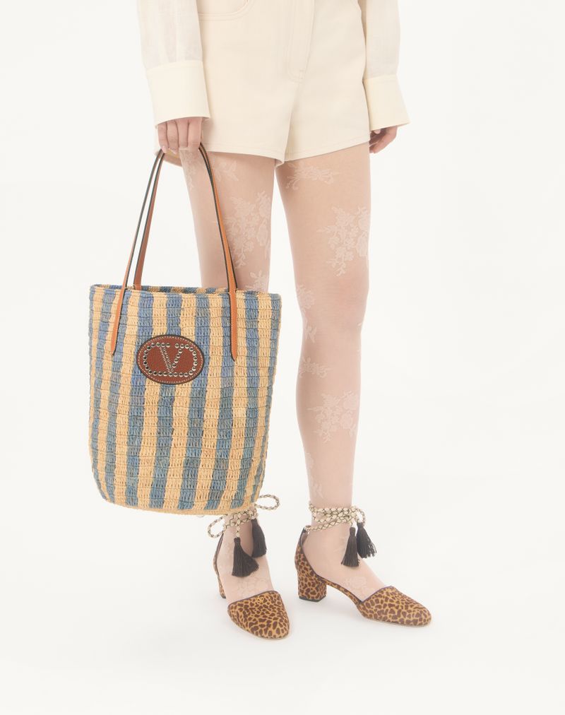 Bolsa de compras listrada de ráfia Valentino Garavani