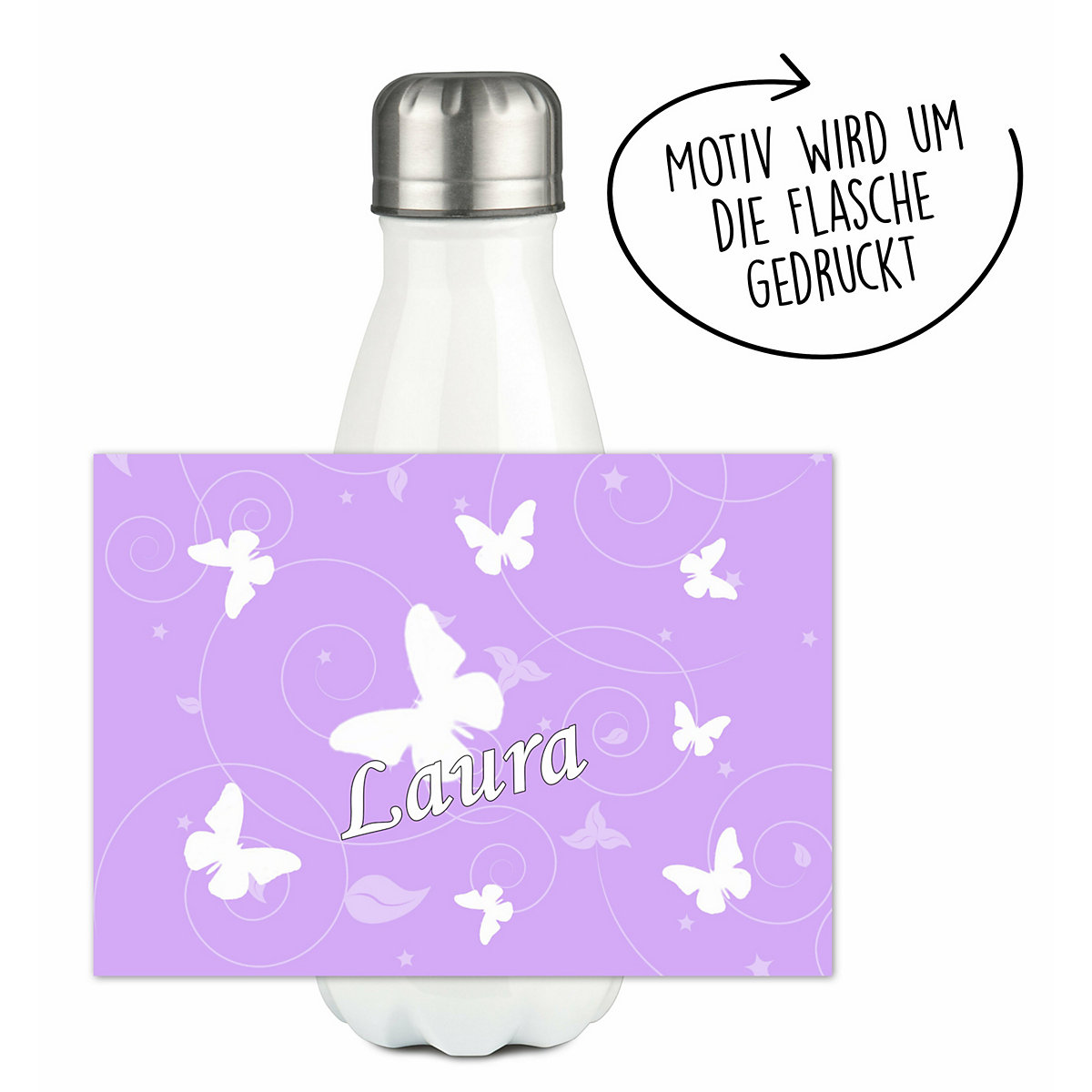 Edelstahl Kinder Thermoflasche / Trinkflasche bunt Schmetterling Ornamente Farbe flieder Spülmaschinenfest, Auslaufsicher, Bruchfest, Doppelwandig, Für Heißgetränke geeignet, Mit Deckel, Isoliert