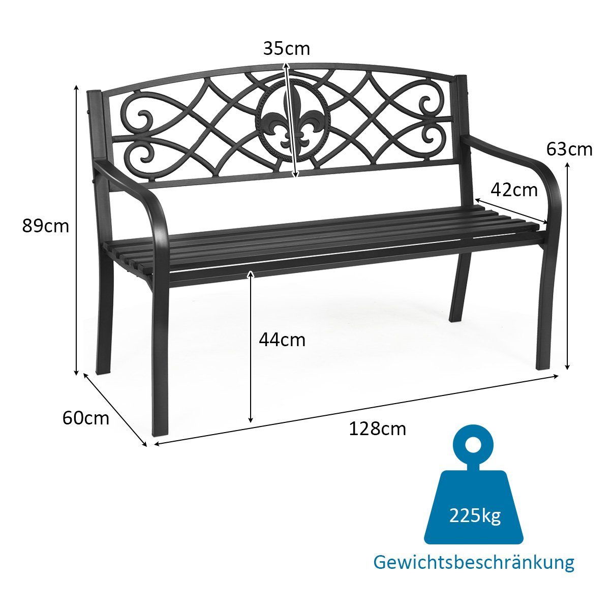 COSTWAY Gartenbank, mit Rückenlehne & Armlehne, Metall, 2-3 Personen, 128cm