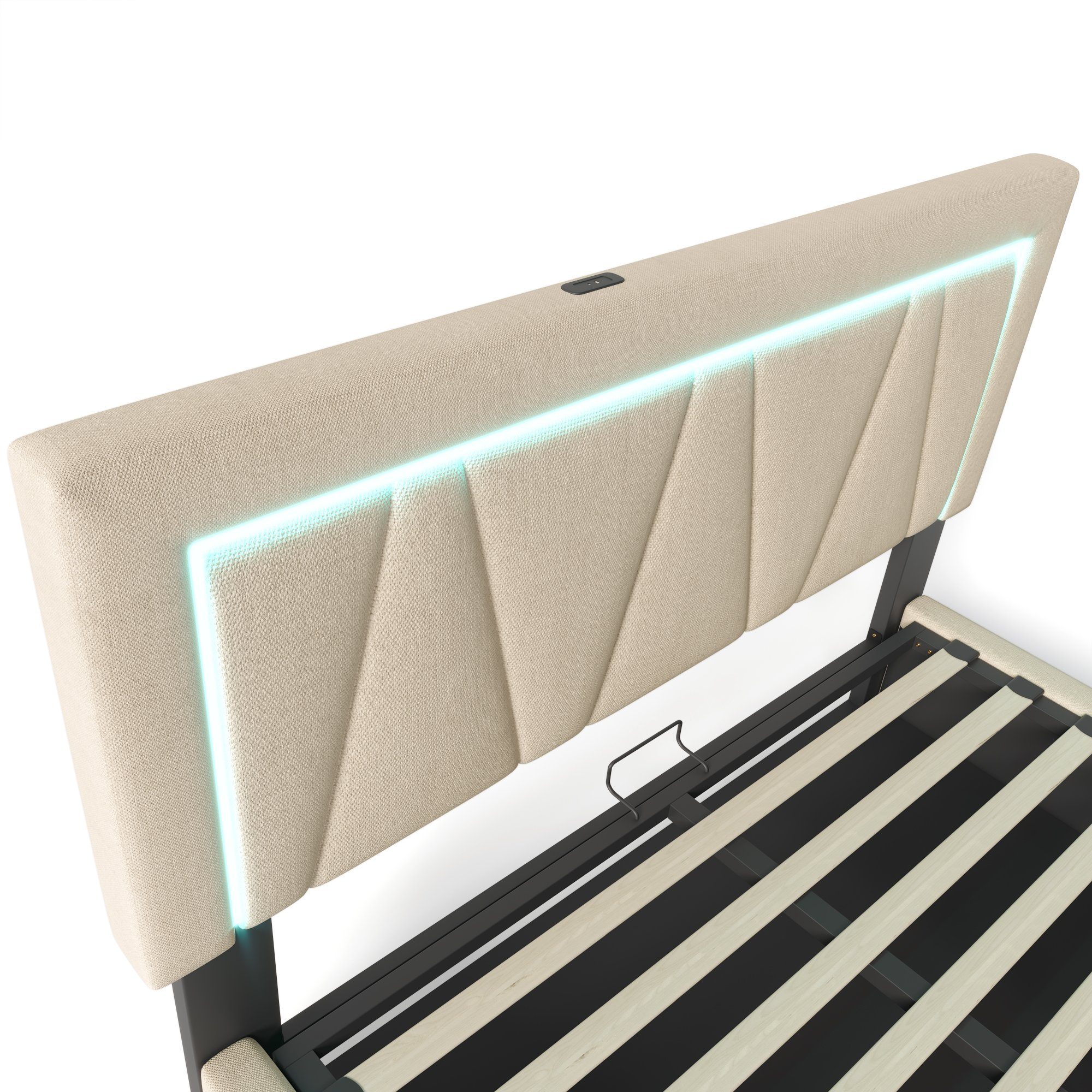 Flieks Polsterbett, LED Doppelbett Stauraumbett + USB/Typ-C Ladefunktion 140x200cm Leinen