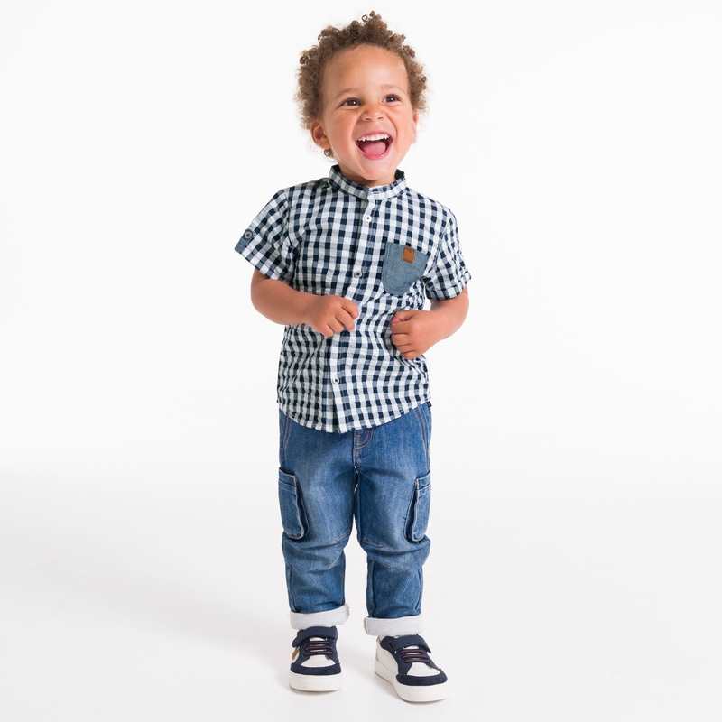 Chemise à carreaux coton fantaisie bleue bébé garçon