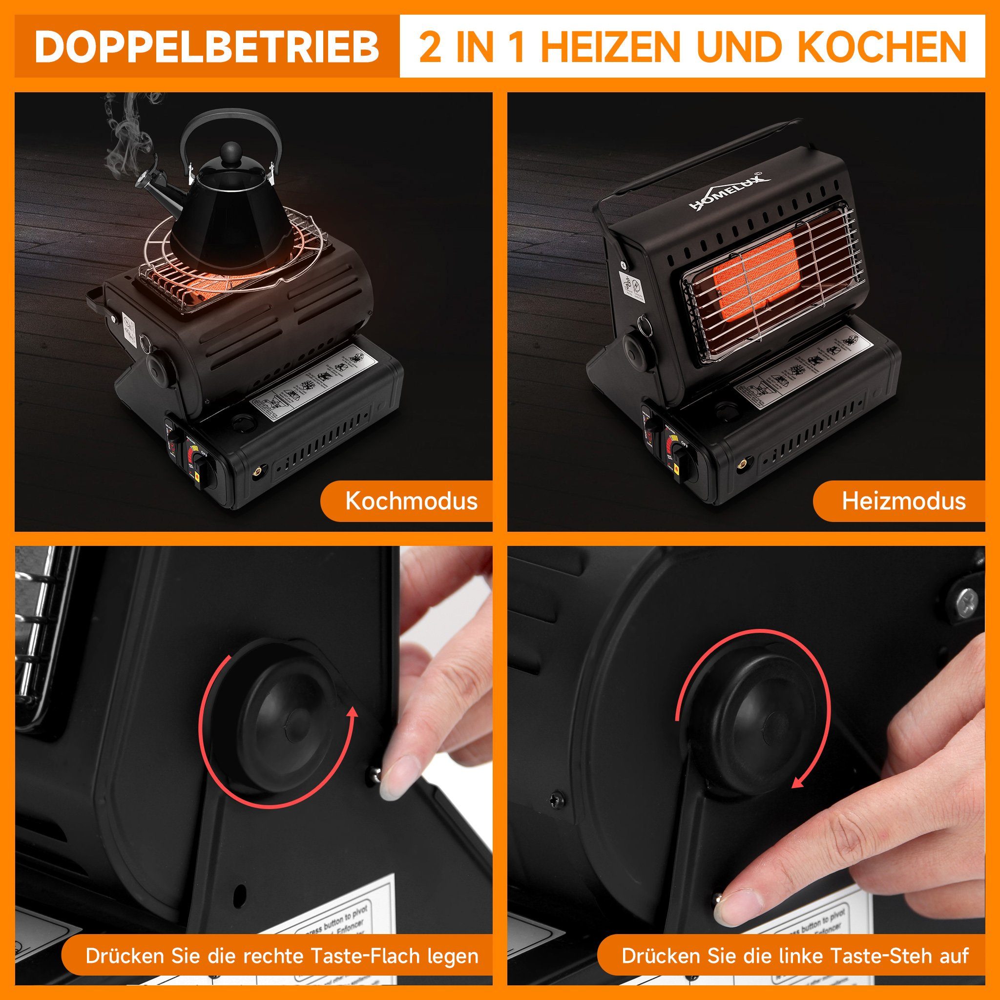 HOMELUX Heizstrahler 1700W 2in1 Tragbare Gasheizung, Gasheizung für innenräume Outdoor, 1700 W, Gasheizer, Gasheizung Camping, Heizung Ohne Strom, Gasheizstrahler