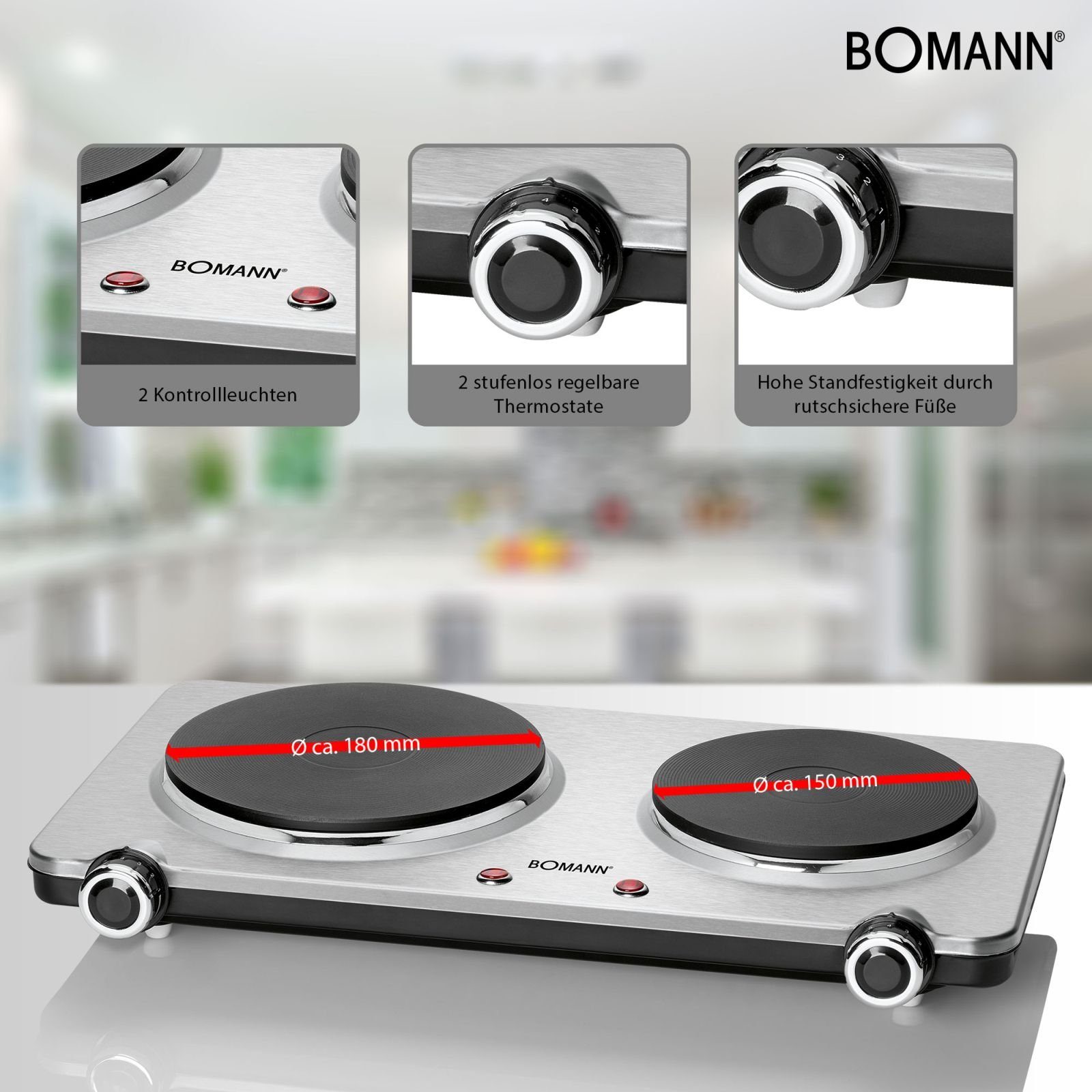 BOMANN Doppelkochplatte BOMANN Doppelkochplatte Edelstahl 1000-1500 Watt DKP 5033 E