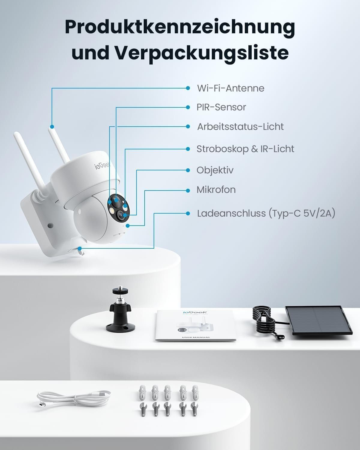 ieGeek 2K Solar Überwachungskamera Aussen Akku PTZ 355°/120° mit SD Karte Überwachungskamera (Aussen Außen Außenbereic Innenbereich, Sirene/Lichtalarm, Videoverlauf, Multi-User-Sharing, 3dBi Dual-WiFi-Antennen,Intelligente Erkennung und sofortiger Al