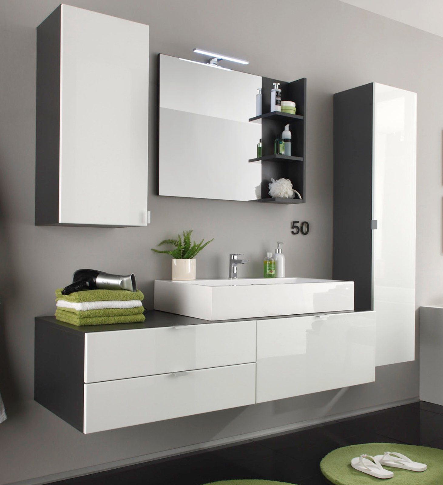 trendteam Badmöbel-Set Beach, (Badezimmer weiß Hochglanz und grau), komplett mit Waschbecken, Soft-Close