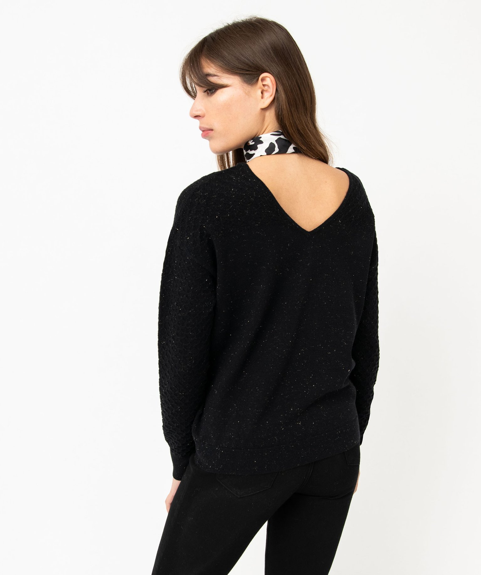 Pull avec double col V et manches fantaisie femme noir | GEMO