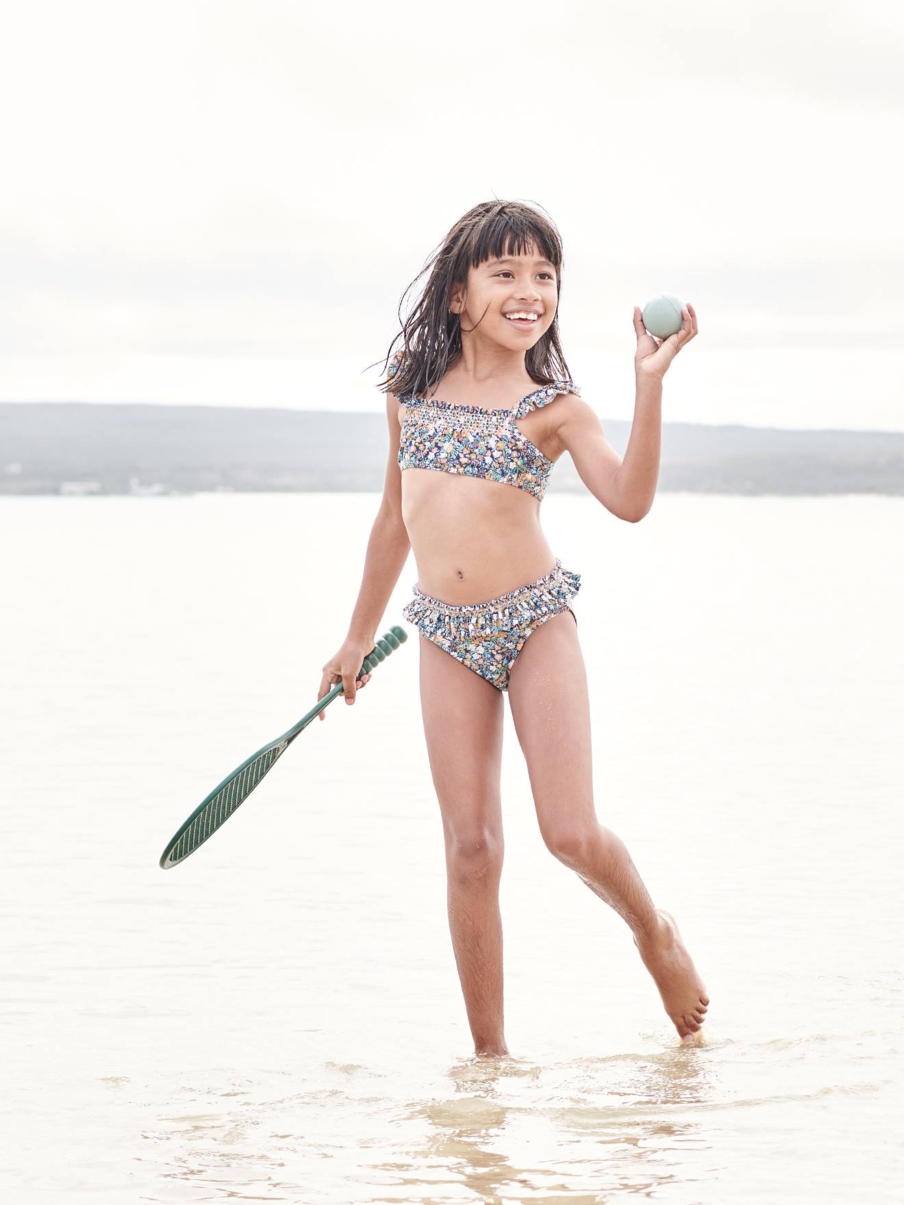 Maillot de bain 2 pièces fleuri fille bleu