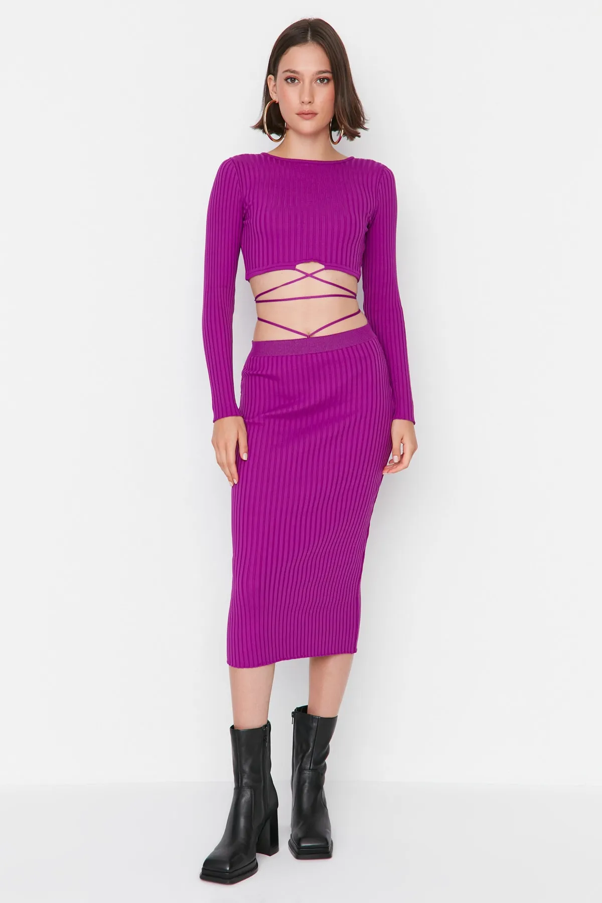 Trendyol Collection  Lila Strickoberteil und -unterteil-Set mit Krawattendetail TWOAW22EL0543