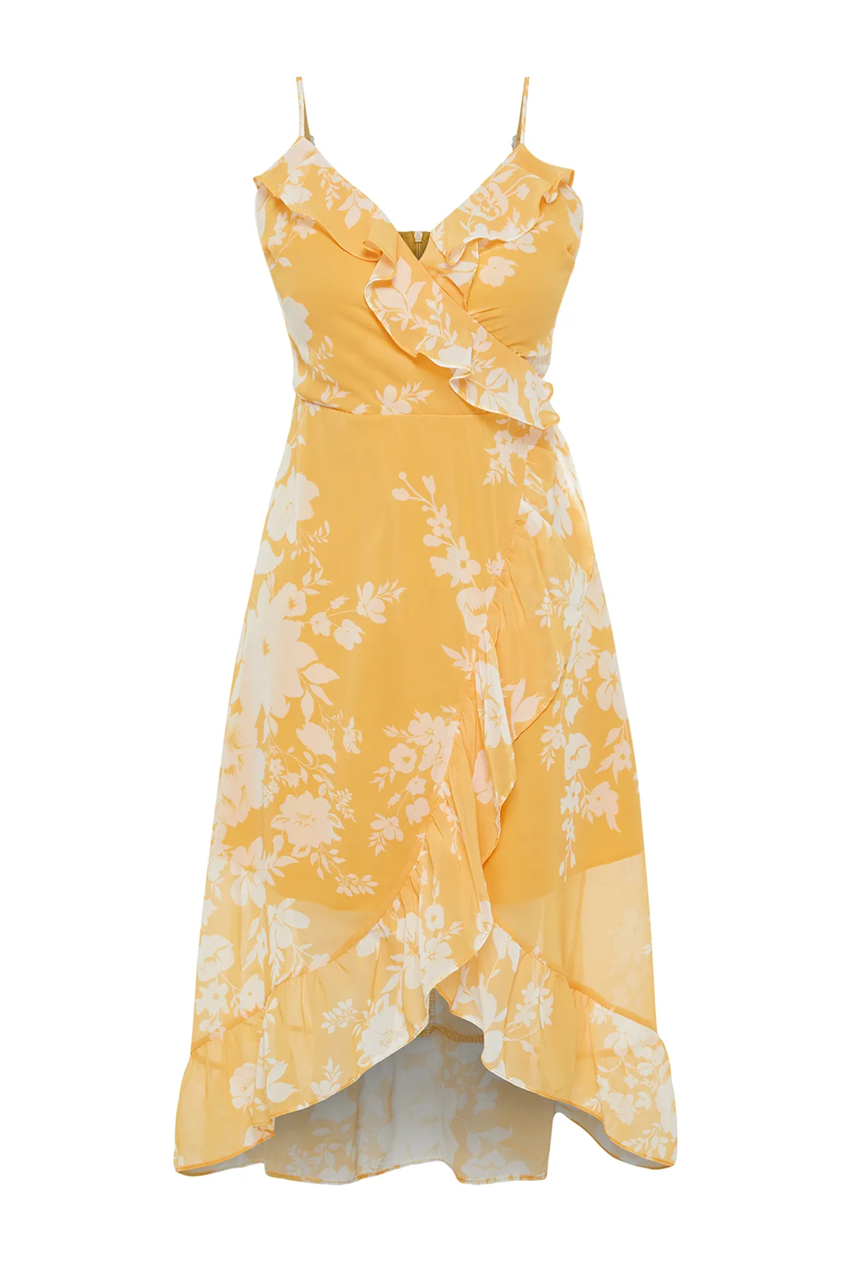 Trendyol Collection  Gelbes, zweireihiges, mit Rüschen versehenes, detailliertes Träger-Midi-Kleid mit Chiffon-Futter und Webstoff TWOSS19EL0375