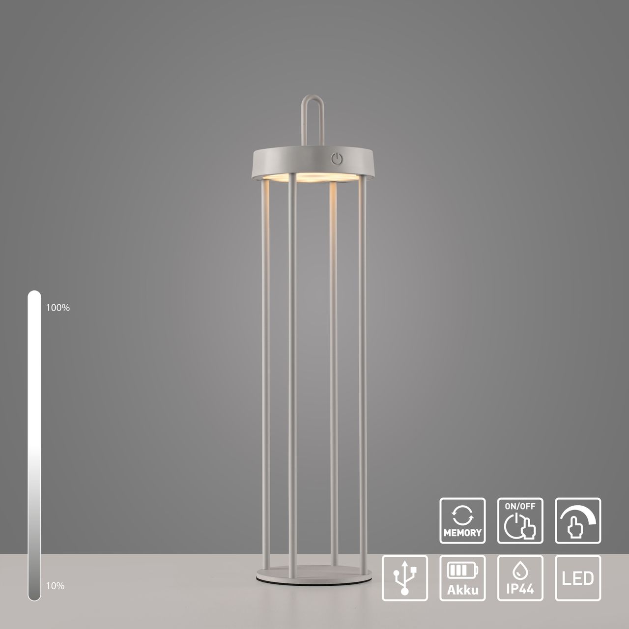 JUST LIGHT Akku Tischleuchte ANSELM, 1x LED-Board/1,50Watt/2700Kelvin, IP44, Greige