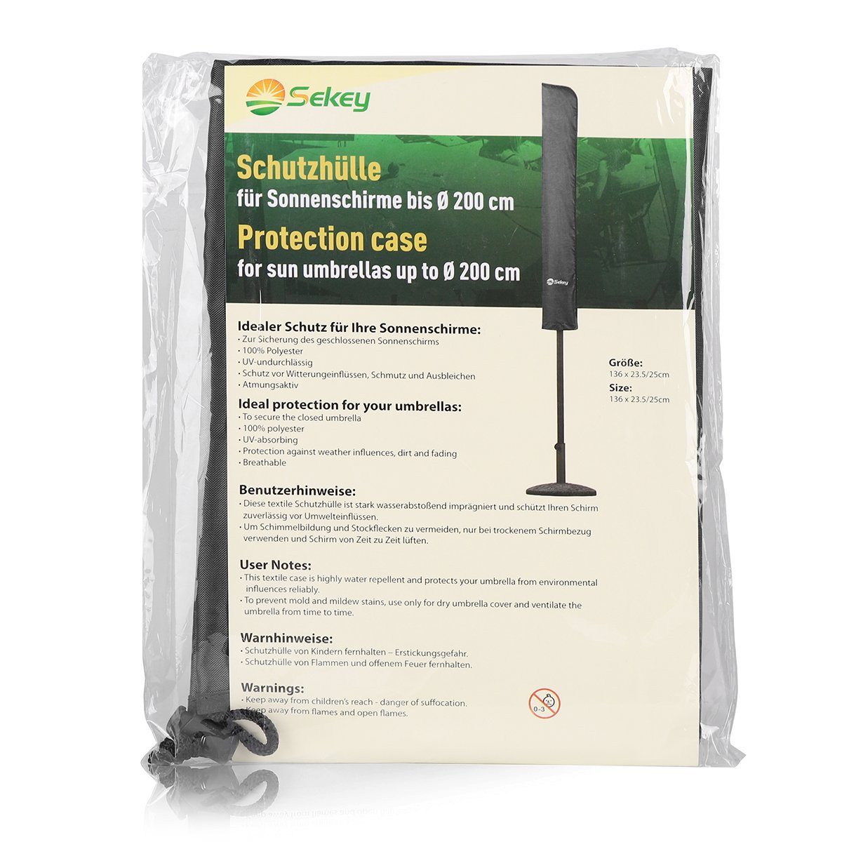 Sekey Sonnenschirm-Schutzhülle Sonnenschirm Schutzhülle Wasserdicht Abdeckung Abdeckhaube Schutzhaube, aus Polyester, für Ø 200 cm Balkonschirm, Größe: L