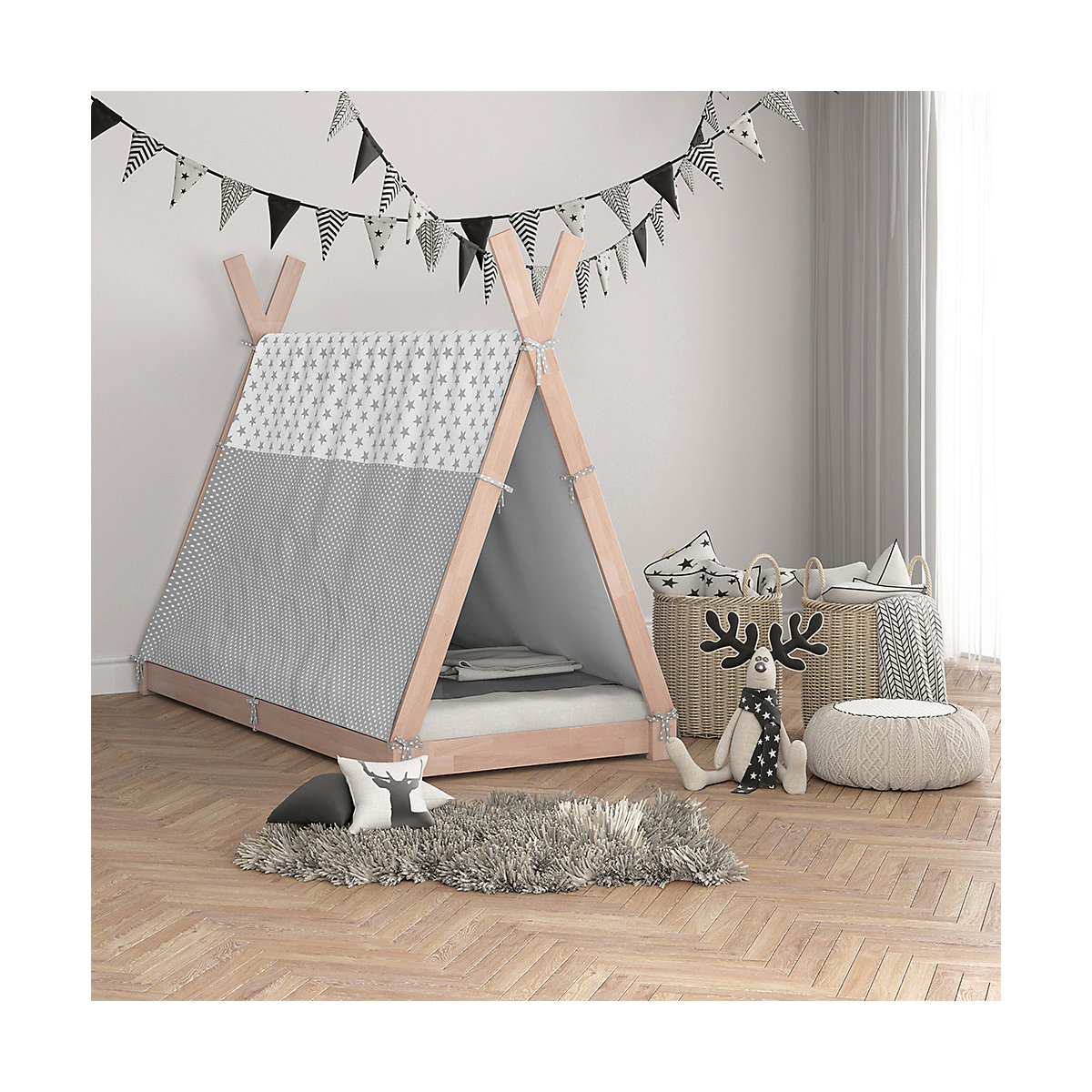 Kinderbett Hausbett Tipi + Überwurf 90x200cm Indianerzelt Indianerbett