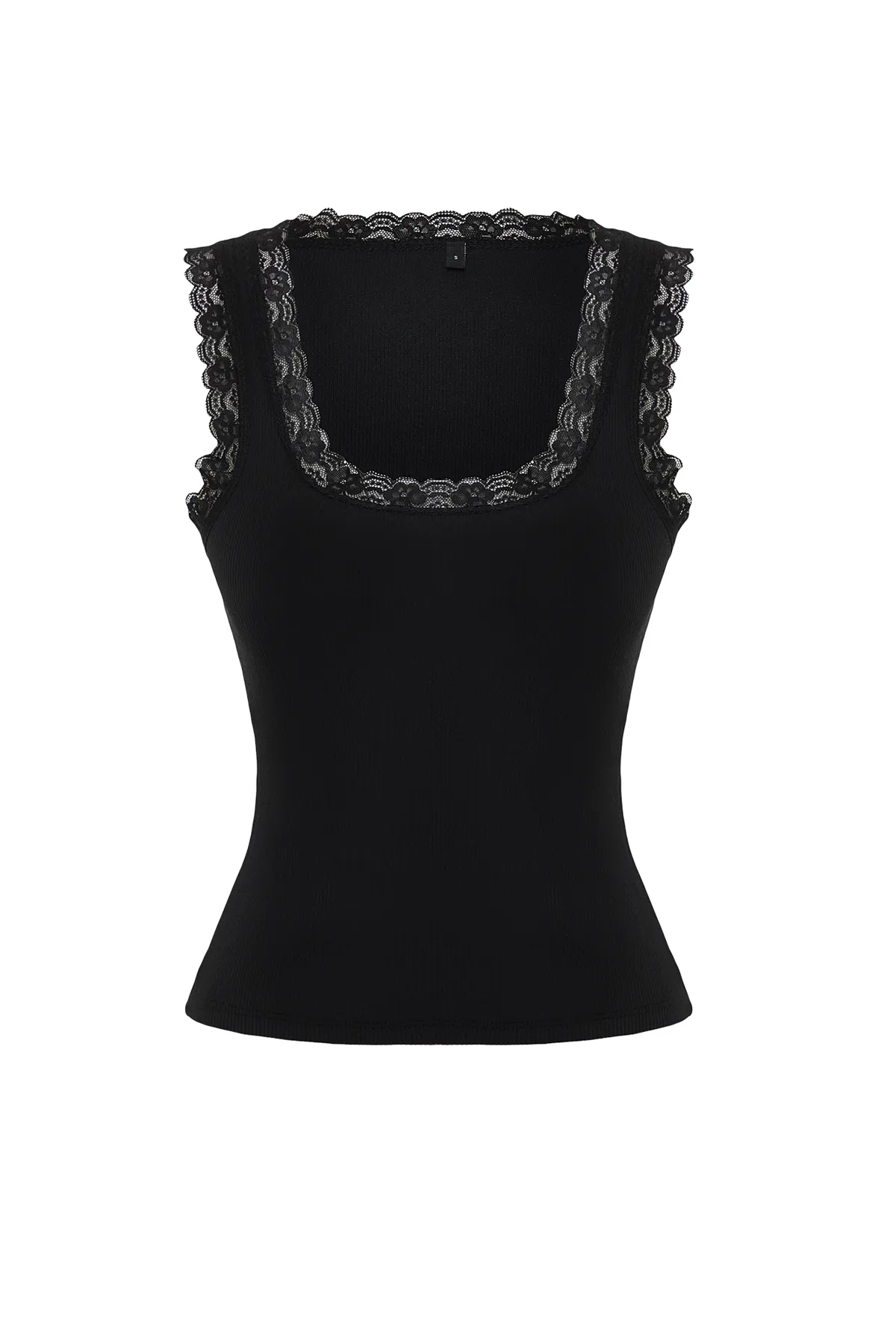 Trendyol Collection  Schwarzes, figurbetontes Unterhemd aus flexiblem, geripptem Strick mit Spitzendetails TWOSS24AL00010