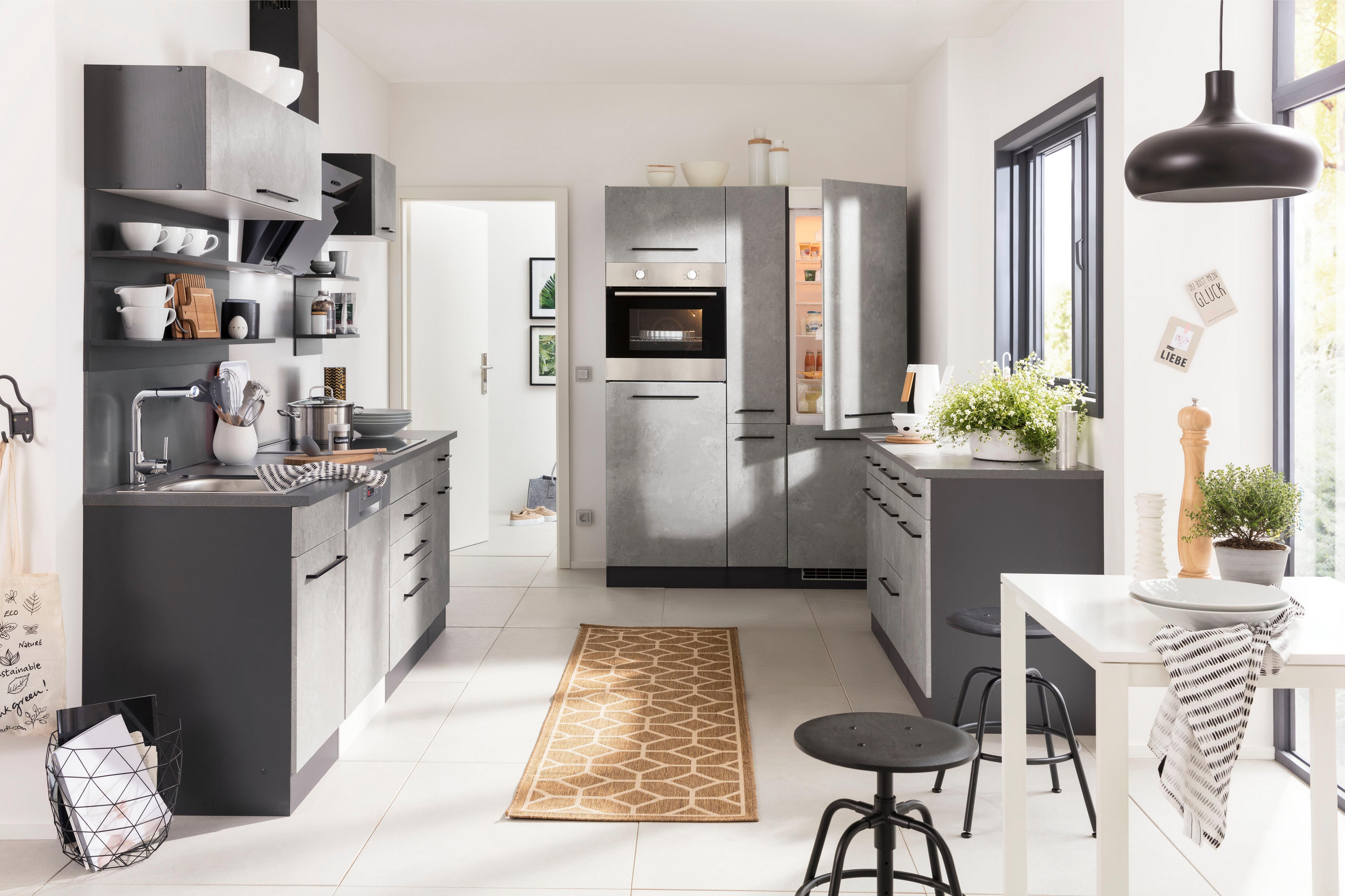 HELD MÖBEL Küchenzeile Tulsa, mit E-Geräten, Breite 380 cm, schwarze Metallgriffe, MDF Fronten