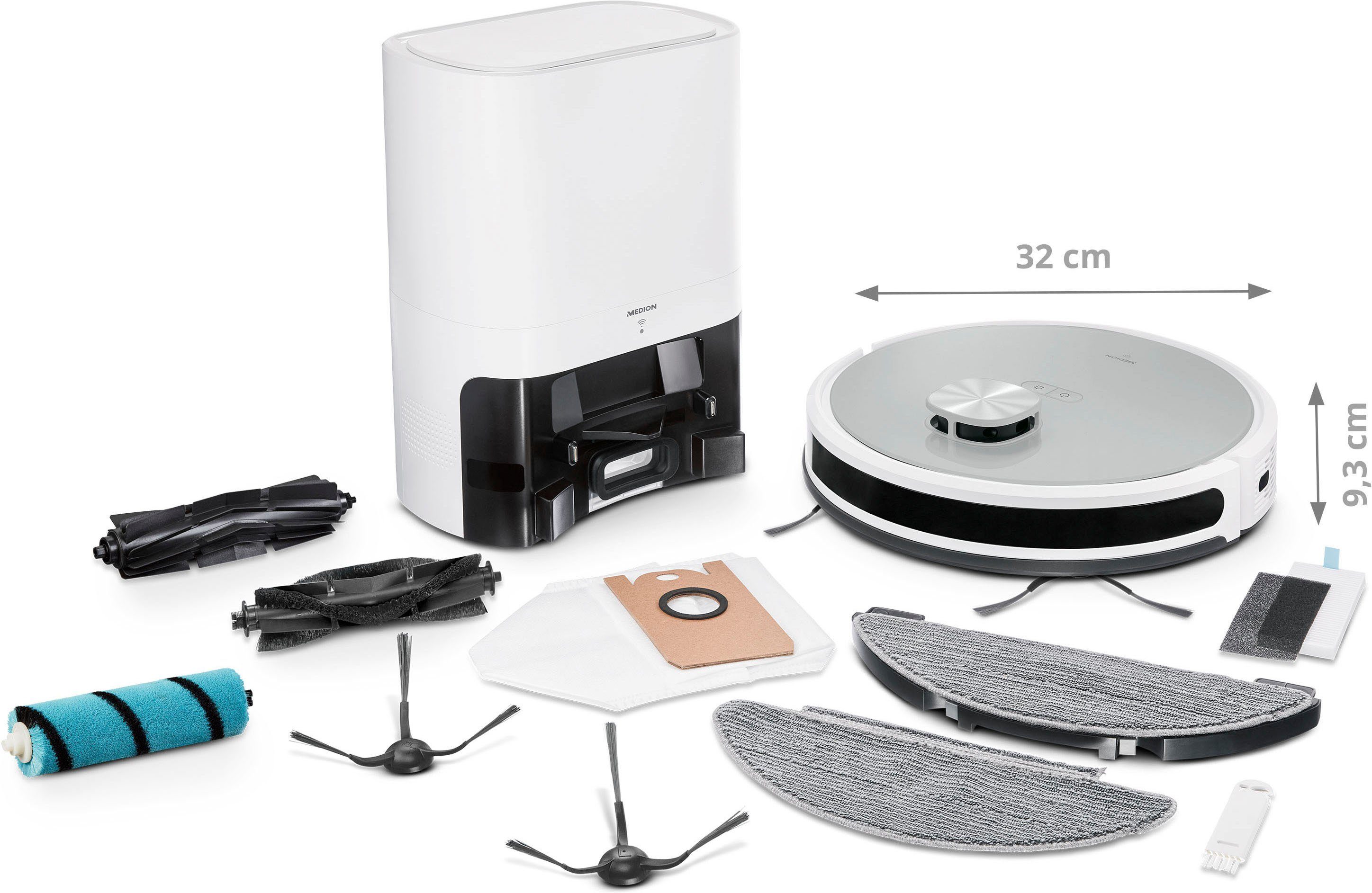 Medion® Nass-Trocken-Saugroboter Saug- und Wischroboter mit Absaugstation (X21 SW), App Steuerung und automatische Entleerung