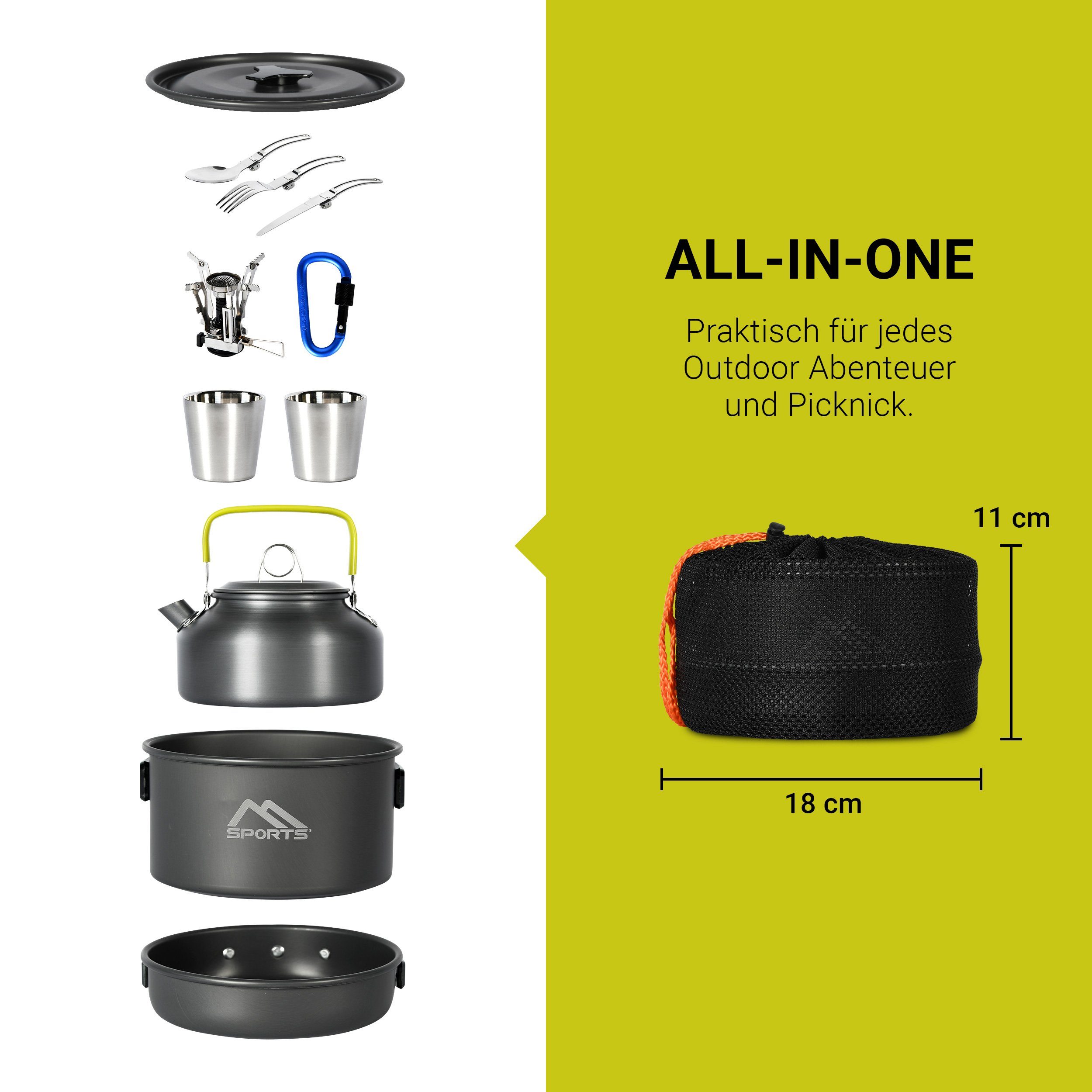 MSports® Gaskocher Camping Kochset 11-teilig Kochgeschirr Set Outdoor aus Aluminium Geschirr Set, Kochtopf Topf & Pfanne